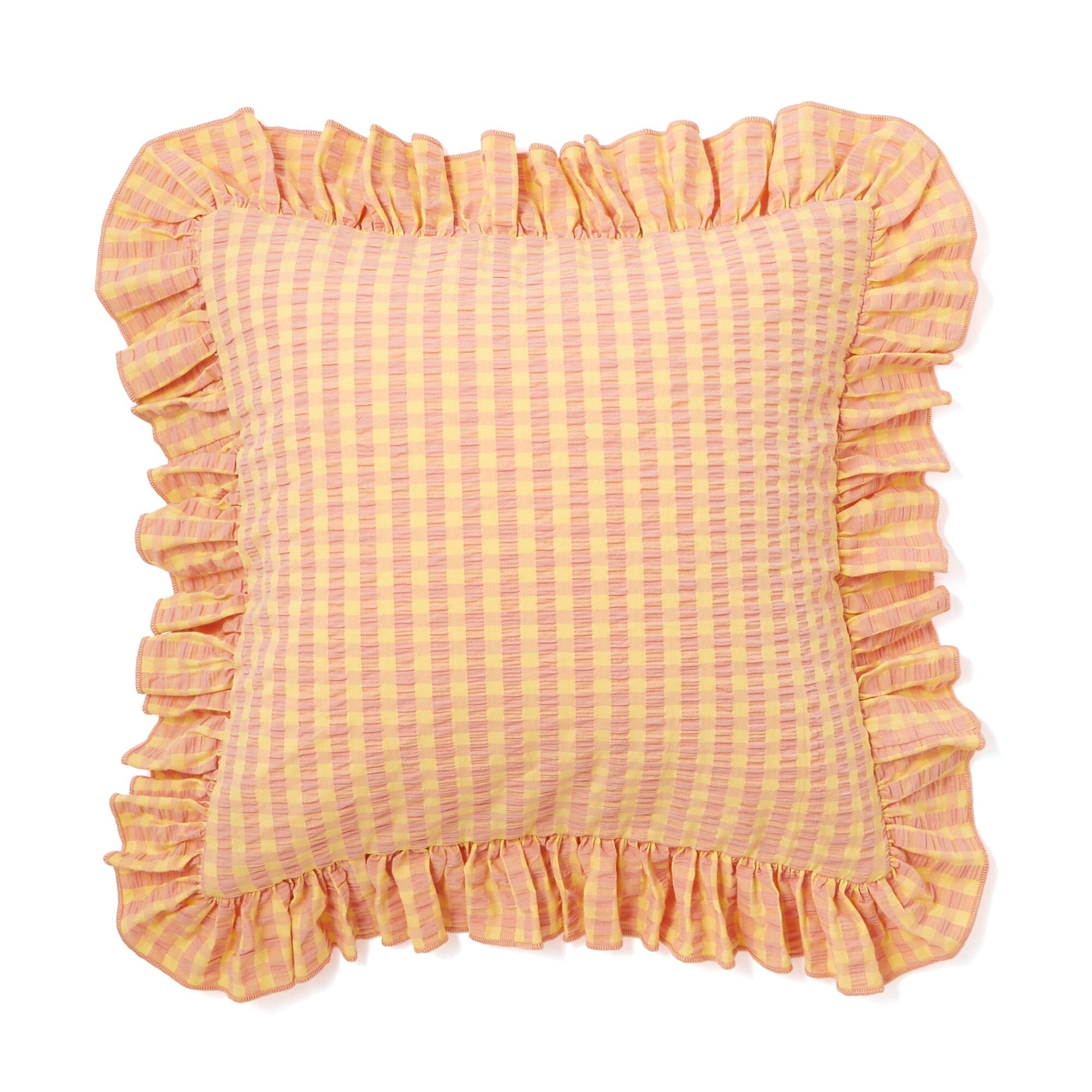 Frilled Checkered Cushion Cover 18x18 Inches - Orange & Yellow Geometric Pattern - Perfect for Sofa, Bed, or Home Decor