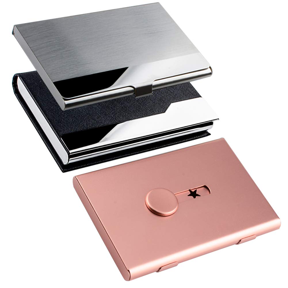 Premium Business Card Holder Set - 3 Pack with Thumb-Drive Case, Stainless Steel Card Case & PU Leather Card Holder for Men & Women | Perfect for Networking Events, Office Meetings & Professional Presentations