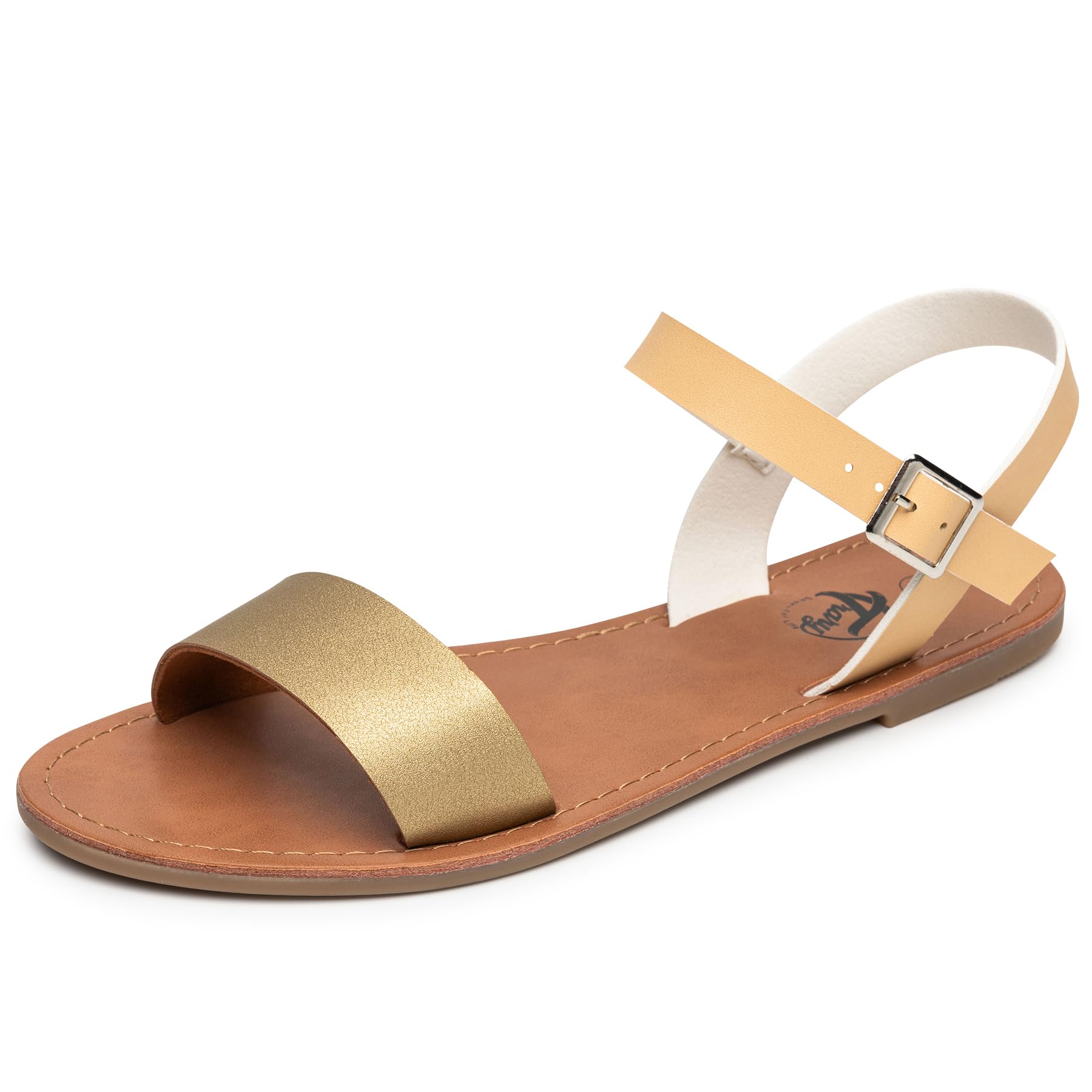 Stylish Women's Leather Gladiator Sandals with Adjustable Metal Buckle - Comfortable Two-Tone Flat Sandals for Summer, Weddings & Dressy Occasions | Open Toe Ankle Strap Sandals for Women