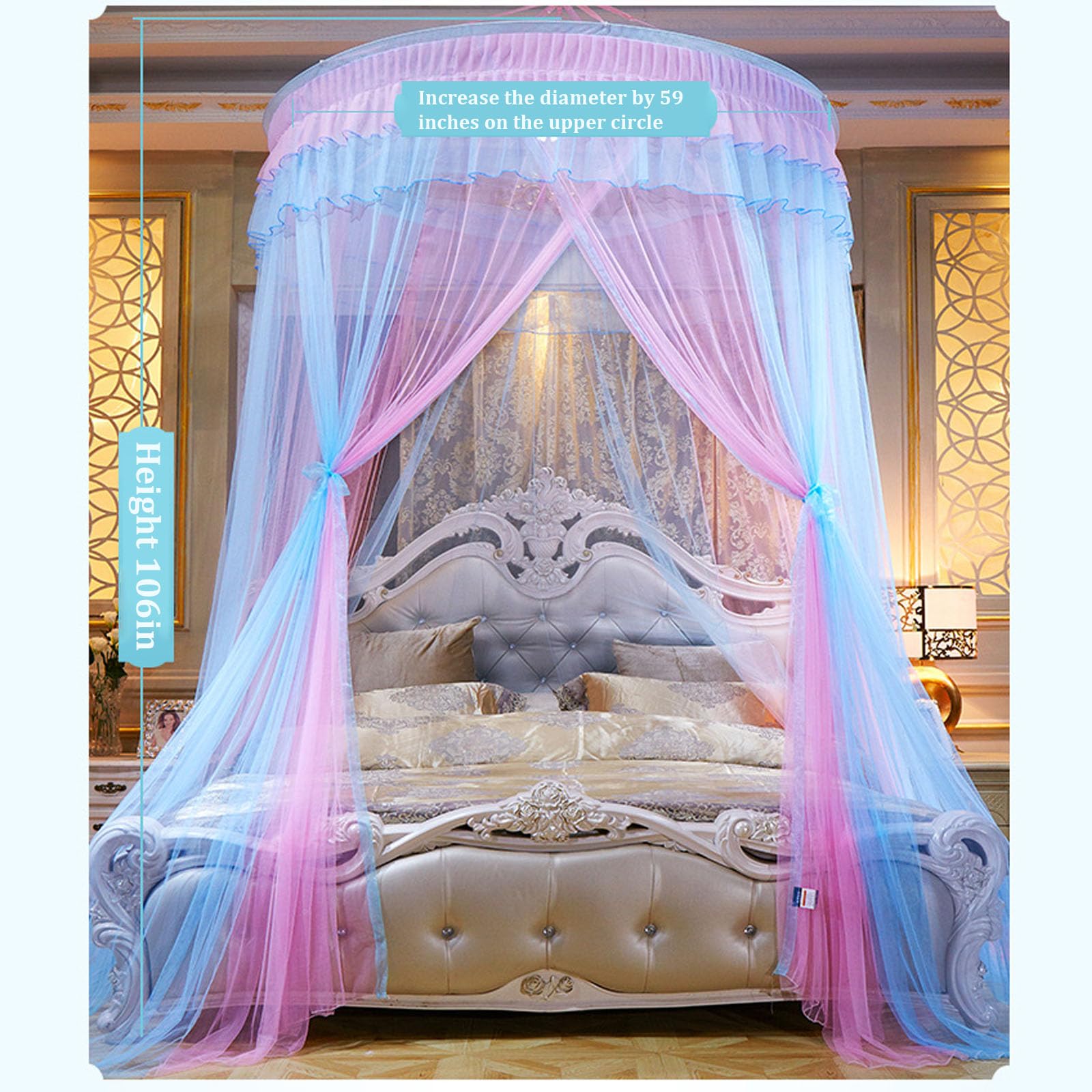 Blackout Bed Canopy Curtains with Mosquito Net - Gray Jade 71 Inch, Easy Install Suspended Dome Bed Drapes for Bedroom Decor & Privacy - Perfect for Nursery, Dorm, or Master Suite
