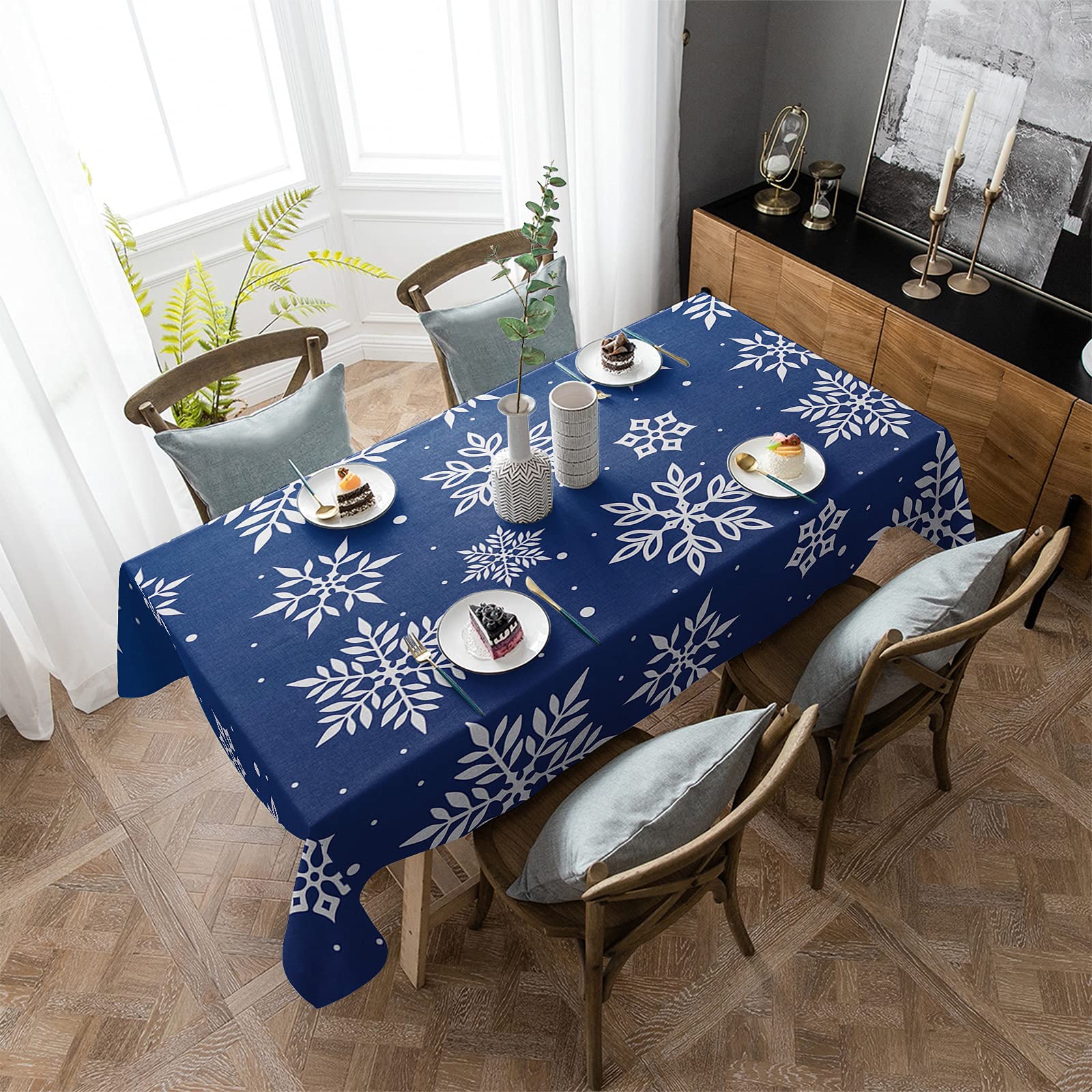 Snowflake Christmas Tablecloth - Waterproof & Wipeable Polyester Rectangle Table Cover (60x102 Inch) in Blue - Perfect for Holiday Parties, Kitchen Dining Decor & Festive Dinner Settings