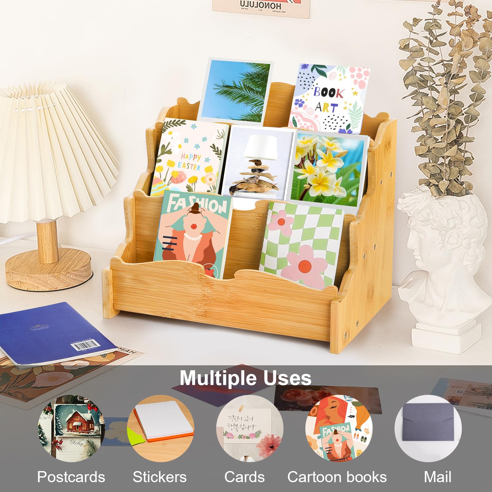 3-Tier Bamboo Greeting Card Display Stand - Elegant Card Holder for Postcards, Stickers & Brochures | Perfect for Craft Shows, Retail Counters, Bookstores & Vendor Booths | Durable & Eco-Friendly Organizer