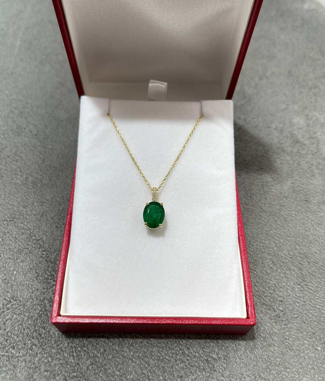 2.82tcw Natural Dark Green Oval Cut Emerald & Diamond Pendant in 18K Gold - Elegant Jewelry Gift for Women, Perfect for Weddings, Anniversaries & Special Occasions