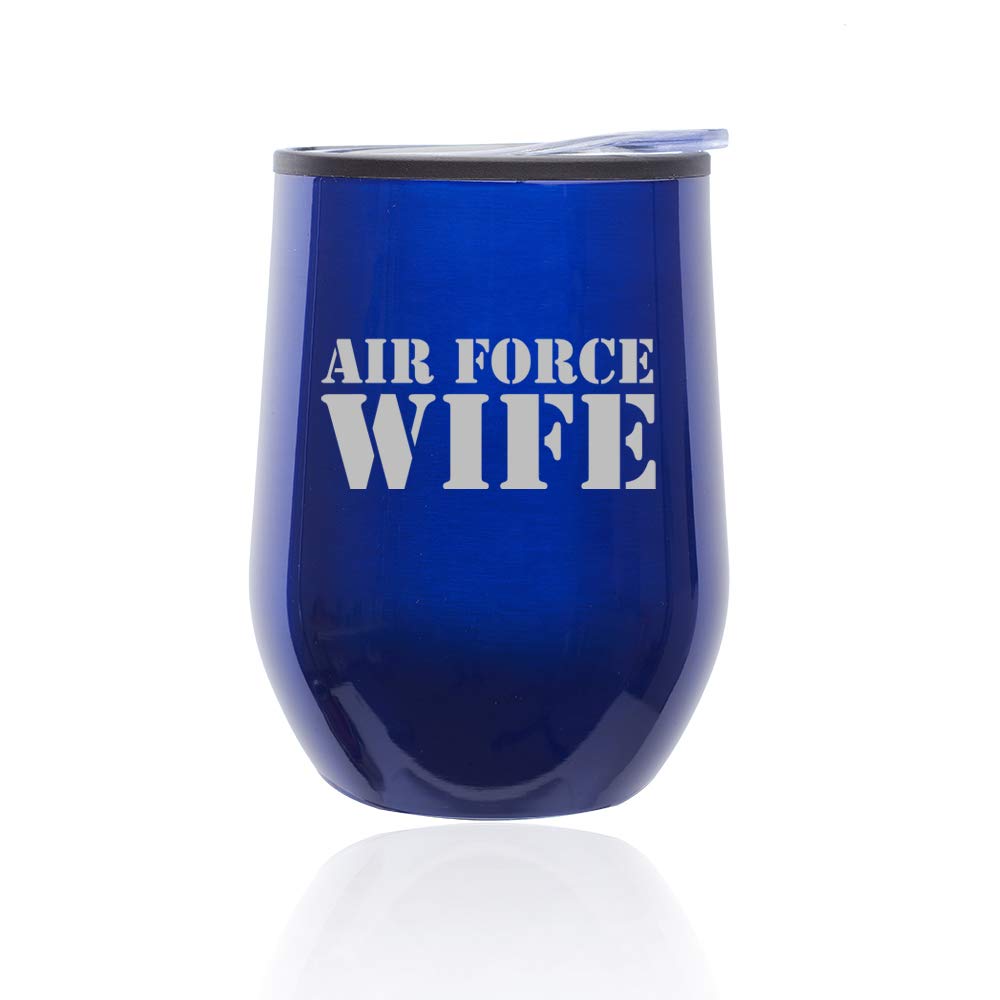 Stemless Wine Tumbler with Lid - Insulated Coffee Travel Mug for Hot & Cold Drinks - Perfect for Air Force Wives, Military Spouses & Home Use (Blue)