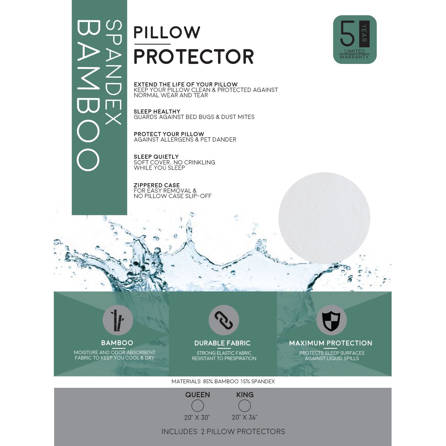 Premium Bamboo Pillow Protector - 100% Waterproof, Hypoallergenic & Washable Zipper Cover for Allergy Relief & Cool Sleep - Ideal for Bedroom, Travel & Hot Sleepers