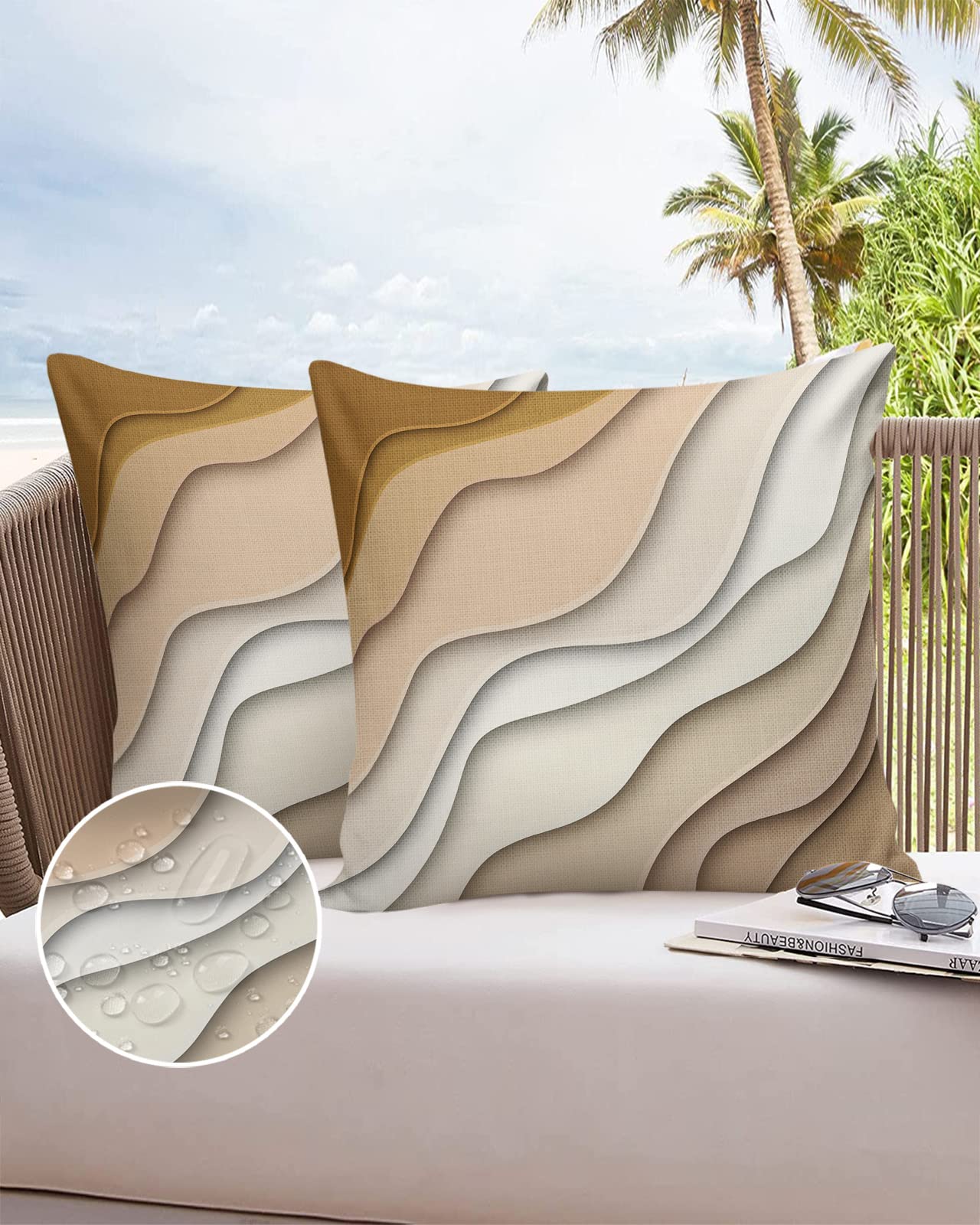Waterproof Outdoor Throw Pillow Cover Set of 2 - 16x16 Inch Brown Modern Geometric Lumbar Pillowcases for Patio Furniture, Couch & Garden Decor - Weather Resistant Abstract Beach Design for Outdoor Living Spaces