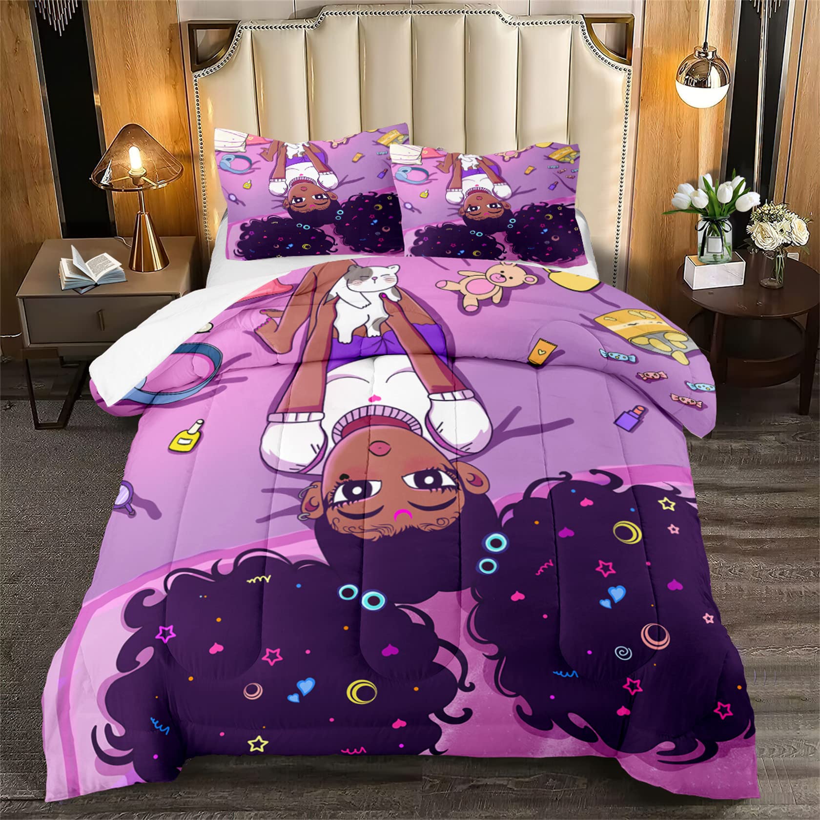 Black Girls Comforter Set for Teens & Adults - Queen Size African American Bedding Set with 1 Comforter & 2 Pillowcases - Cute Black Girl Themed Bedroom Decor for Kids & Teens - Perfect for Cozy Bedrooms, Dorm Rooms & Gift Ideas