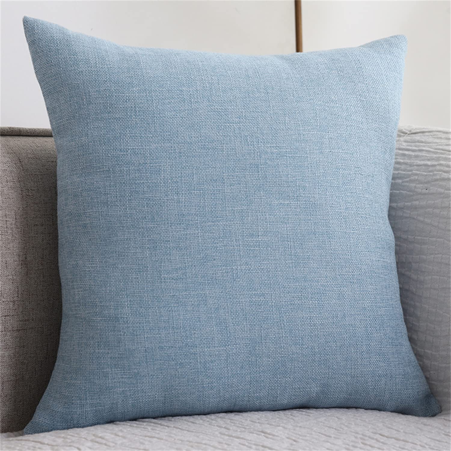 18x18 Inch Decorative Pillow Cover - Colorful Cotton Linen Square Cushion Case with Hidden Zipper, Classic Solid Throw Pillow Cover for Sofa, Couch, Chair & Bed - Light Blue Home Decor for Living Room, Bedroom & Nursery