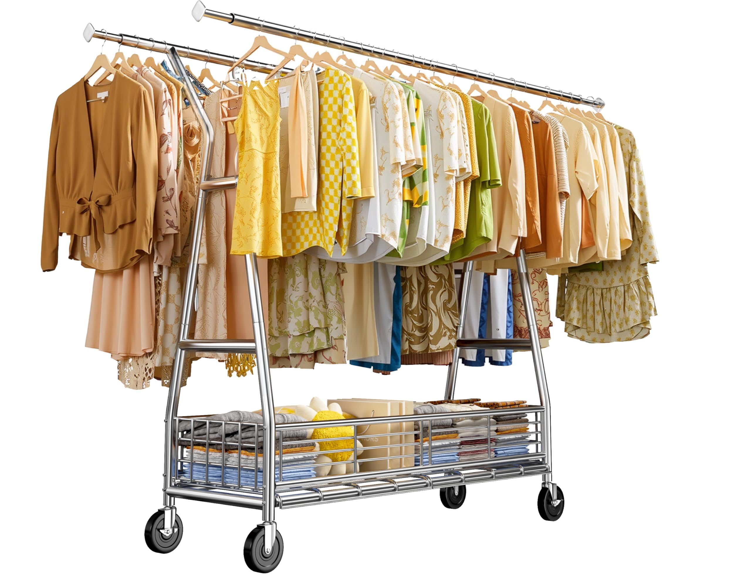 Raybee Heavy Duty Clothes Rack - 600LBS Capacity Commercial Garment Rack with Sturdy Wheels, Adjustable Shelves & Double Rods | Portable Clothing Rack for Retail Stores, Boutiques, Home Closet Organization & Laundry Room Storage
