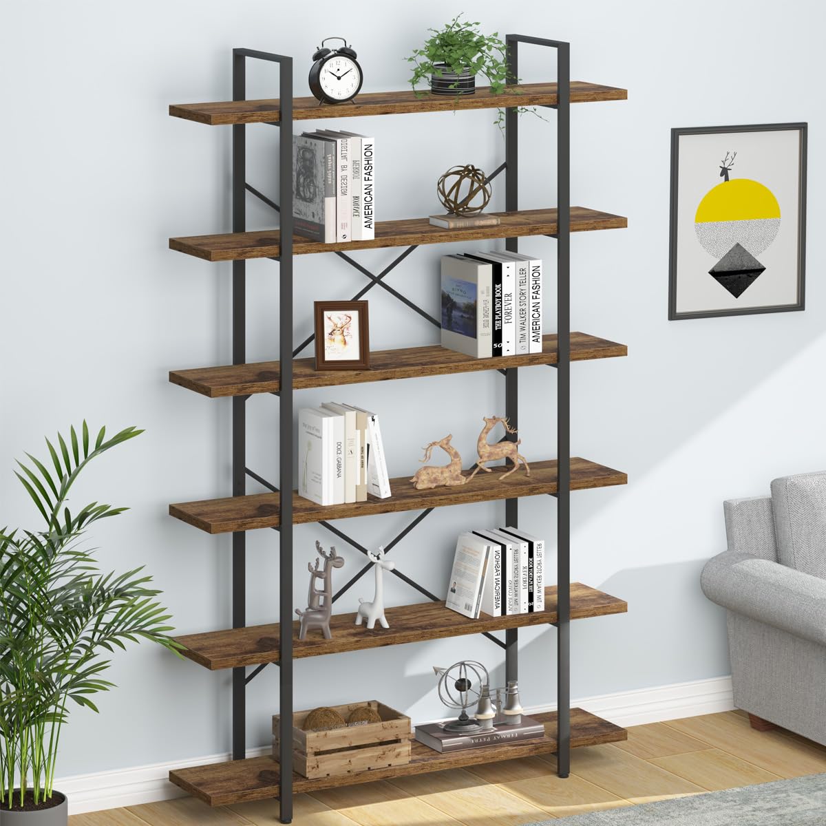 HSH 6-Shelf Tall Bookcase - Industrial Modern Large 6-Tier Bookshelf with Wood & Metal Frame - Open Display & Storage Rack for Living Room, Bedroom, Office - Farmhouse & Rustic Brown Style - Perfect for Home Decor, Book Storage & Displaying Collectibles