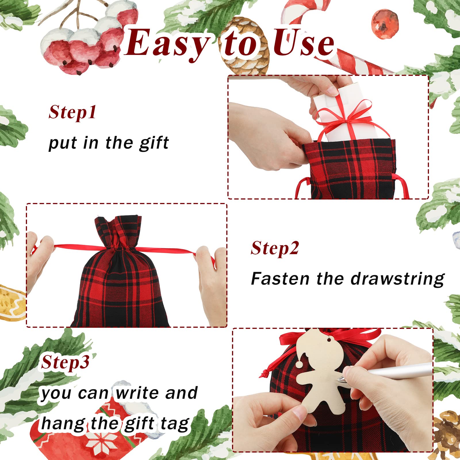 Shappy 10-Piece Christmas Buffalo Plaid Drawstring Gift Bags - 6x8 Inch Large Cotton Party Favor Sacks for Candies, Treats & Holiday Wrapping (Red & Black Plaid) - Perfect for Xmas Parties, Stocking Stuffers & Festive Gift Giving
