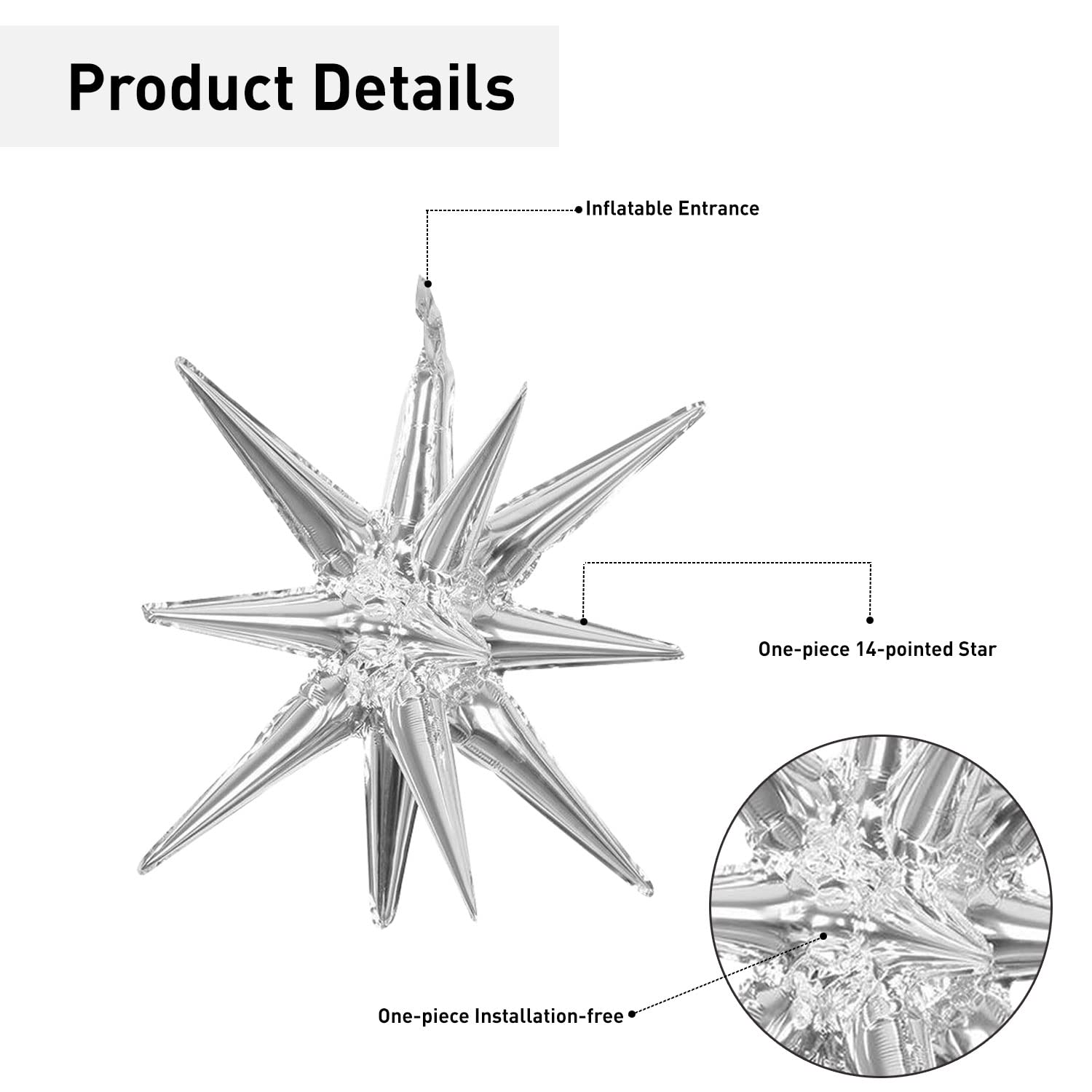 6 Pcs Silver Star Foil Balloons - 14-Pointed 3D Starburst Mylar Balloons 22 Inch for Christmas, Birthday, Wedding, Anniversary Party Decorations (Silver) | Perfect for Indoor & Outdoor Celebrations, Photo Backdrops, and Festive Events