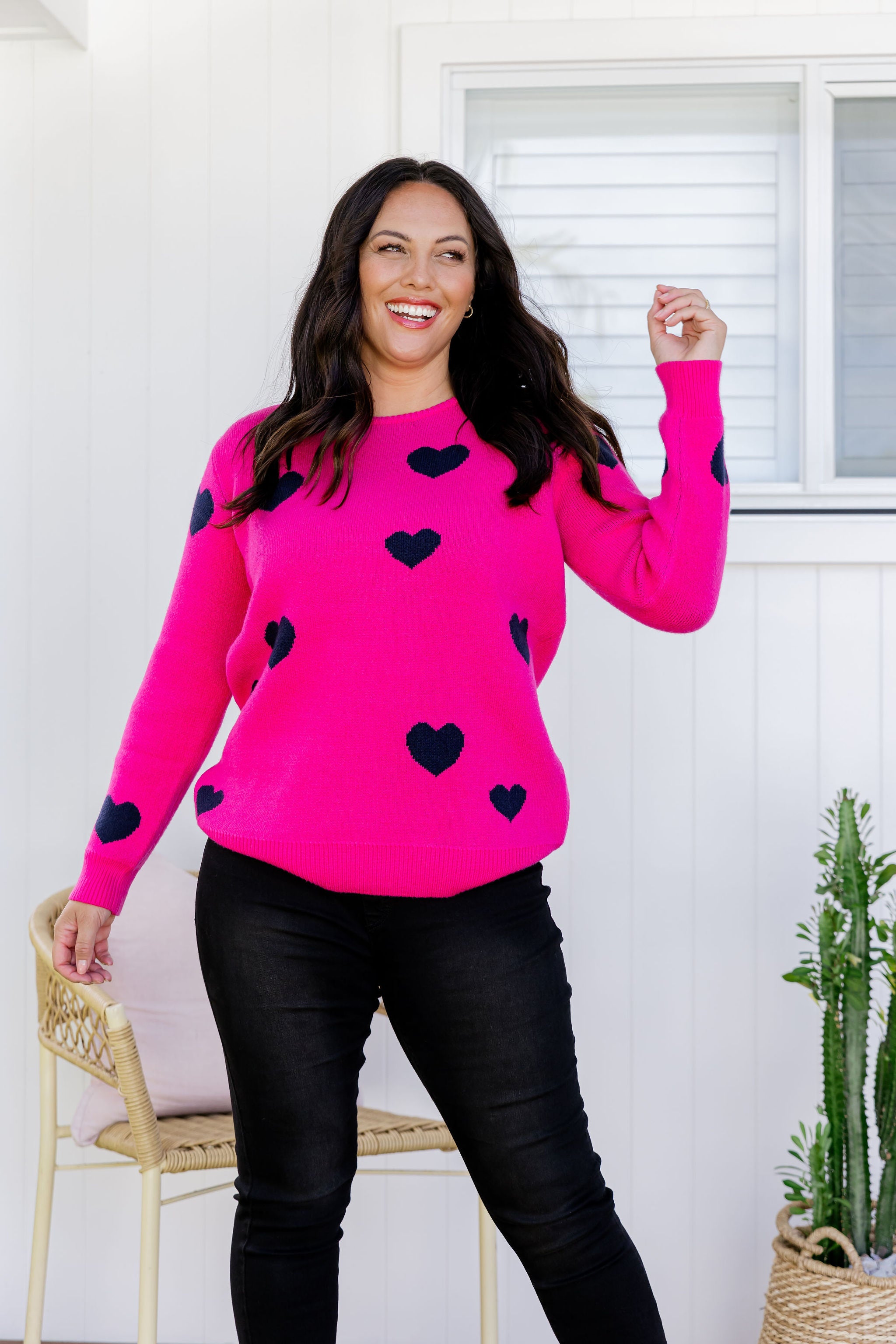 Amor Knit Jumper Women's Pink Sweater with Navy Hearts Design - Perfect for Casual Wear, Date Nights & Cozy Winter Outfits