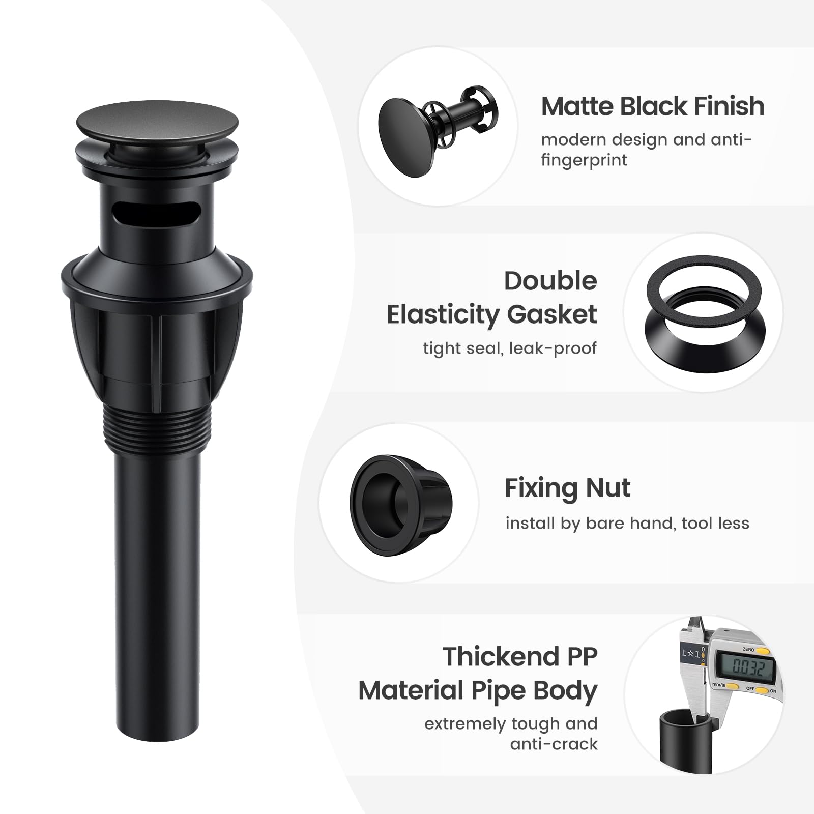Matte Black Bathroom Sink Drain with Overflow - Anti-Clog Hair Catcher for Vanity Vessel Sinks