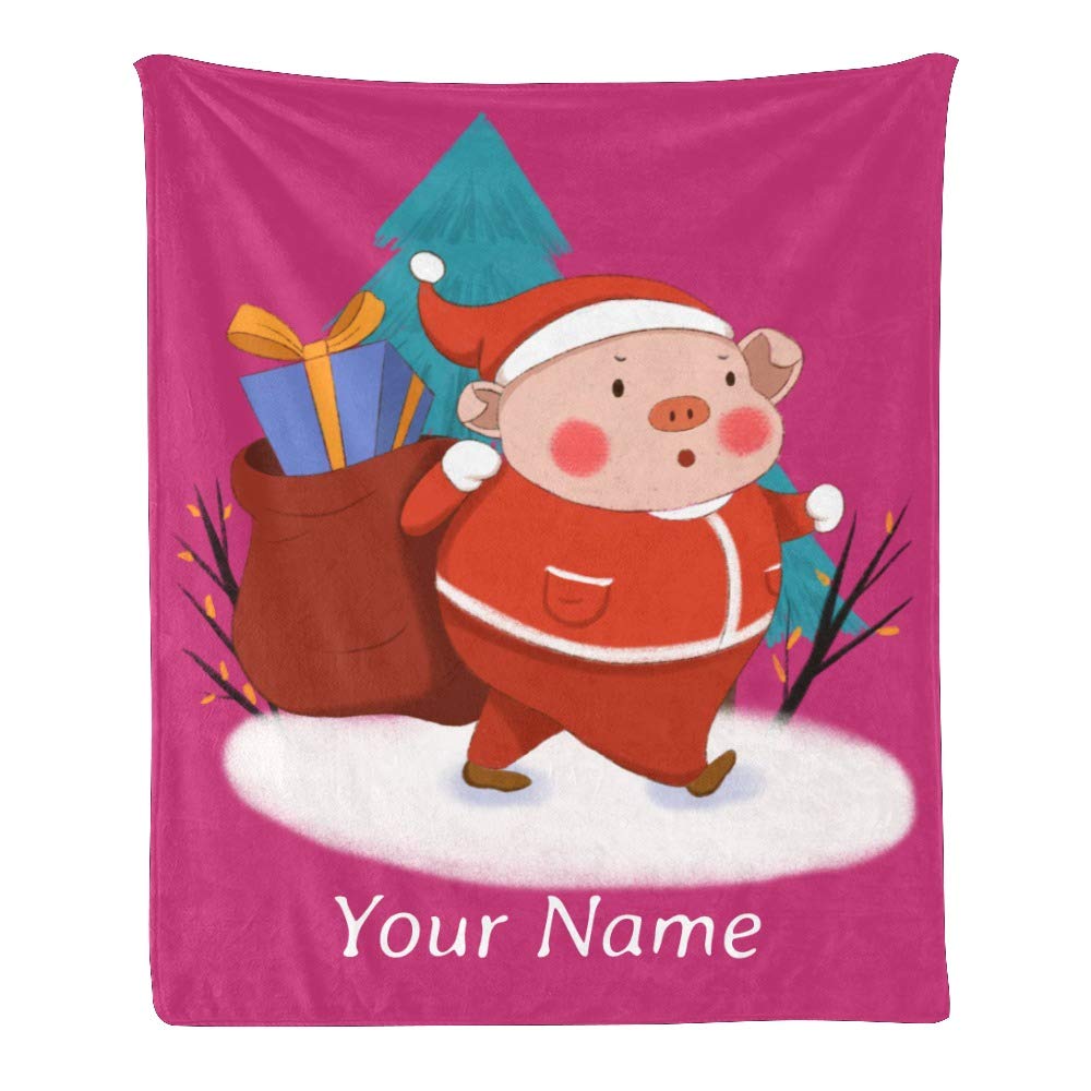 Personalized Custom Fleece Blanket with Name - Merry Christmas Cute Pig Design, Rose Red Super Soft Throw Blanket for Couch, Sofa & Bed (50x60 Inches) - Perfect Gift for Holidays, Cozy Home Decor & Winter Warmth