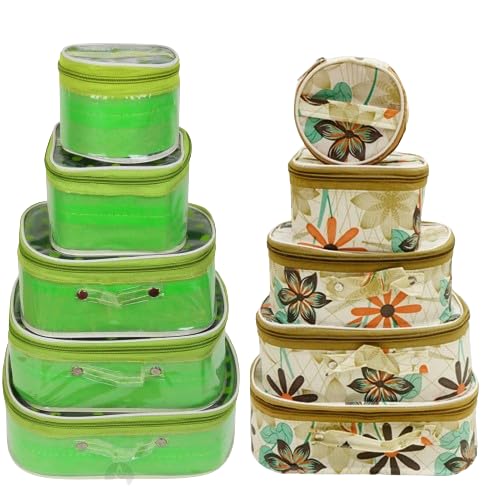 Rasafa 10-Piece Vanity Box Set - Spacious Makeup & Jewelry Storage Organizer with Floral Design (Cream & Green) | Perfect for Bedroom, Bathroom & Travel Organization
