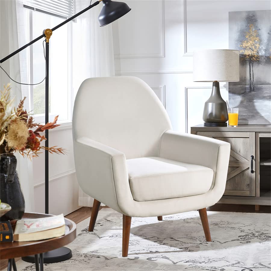 TRIPLE TREE Velvet Accent Chair - High Back Armchair with Solid Wood Legs & Removable Cushion | Mid-Century Modern Vanity Chair for Bedroom, Living Room & Office | Soft White Upholstered Seating with Armrests
