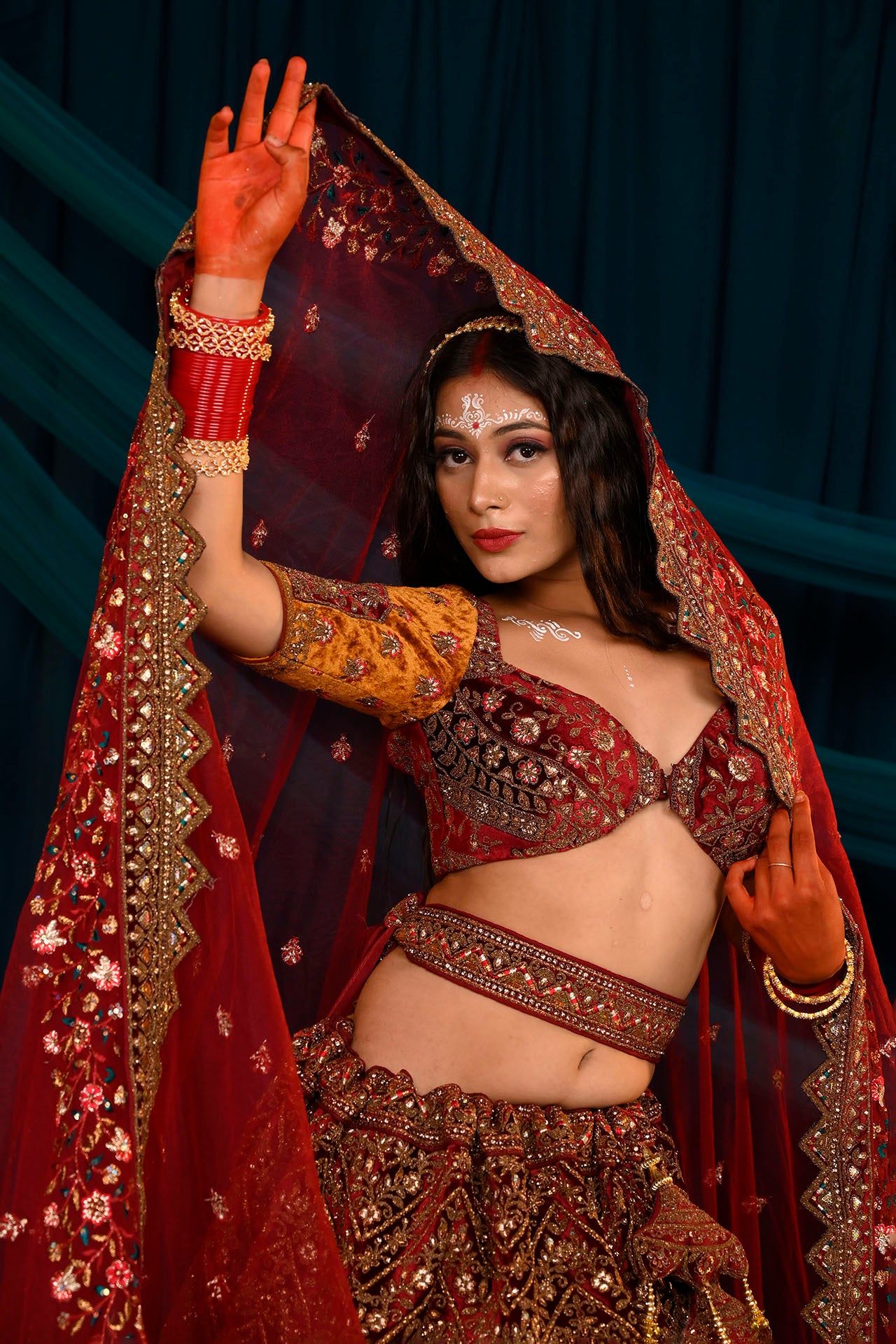 Premium Mustard & Maroon Embroidered Velvet Lehenga Choli Set (D323) - Designer Bridal Wear for Weddings, Festivals & Special Occasions