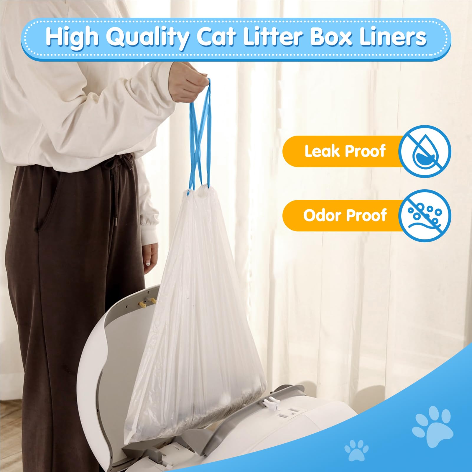 Self-Cleaning Cat Litter Box Liners - 60 Count Drawstring Waste Bags, Compatible with Automatic Litter Robot & Smart Litter Boxes | Odor Control, Leak-Proof Design for Easy Cleanup | Perfect for Multi-Cat Homes & Busy Pet Owners