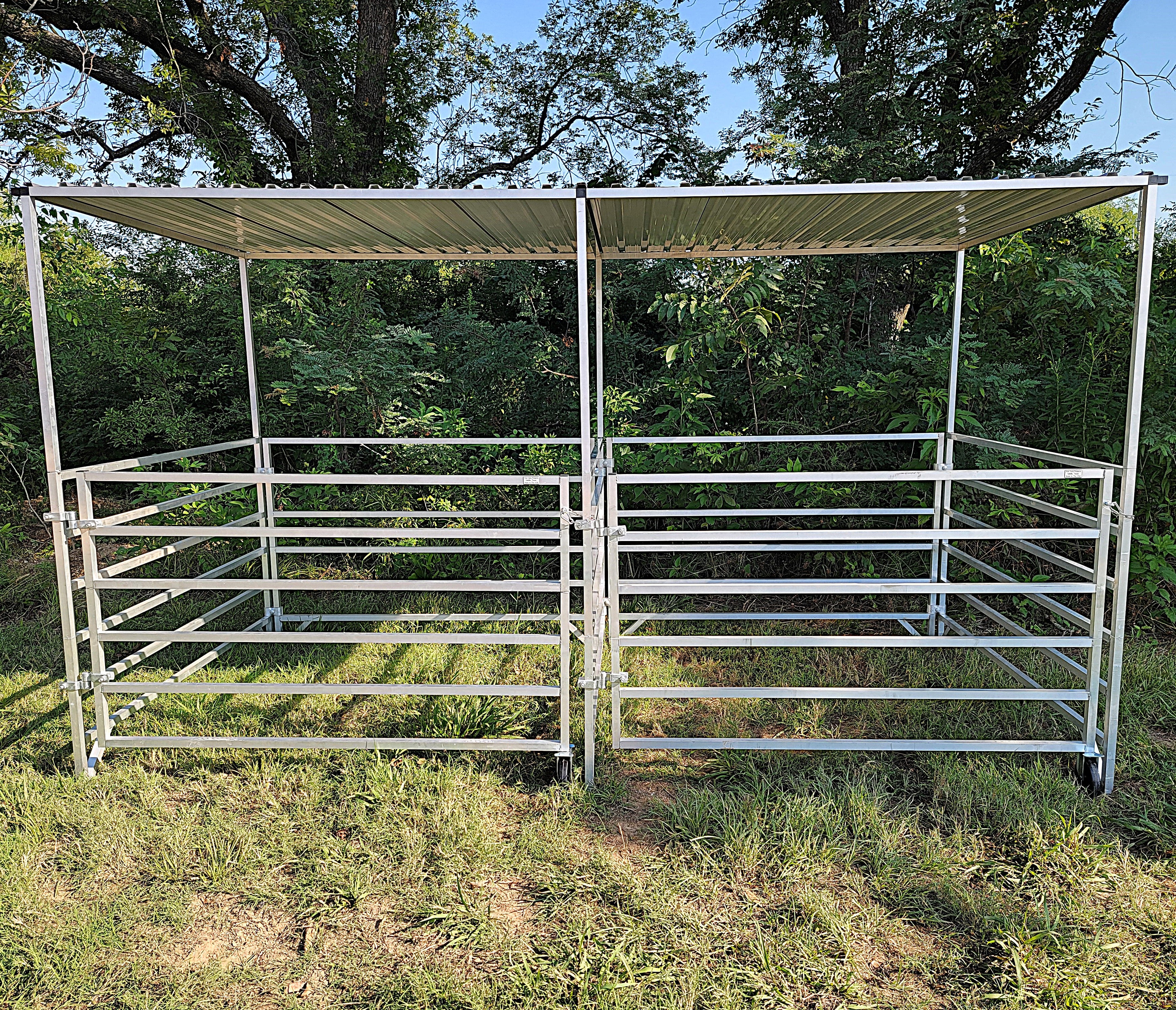 **5 Ft x 5 Ft Aluminum 6-Rail Add-On Stall Kit with Canopy (2 Panels, 1 Gate, 1 Canopy) – Perfect for Horse Stalls, Livestock Pens, and Farm Enclosures**