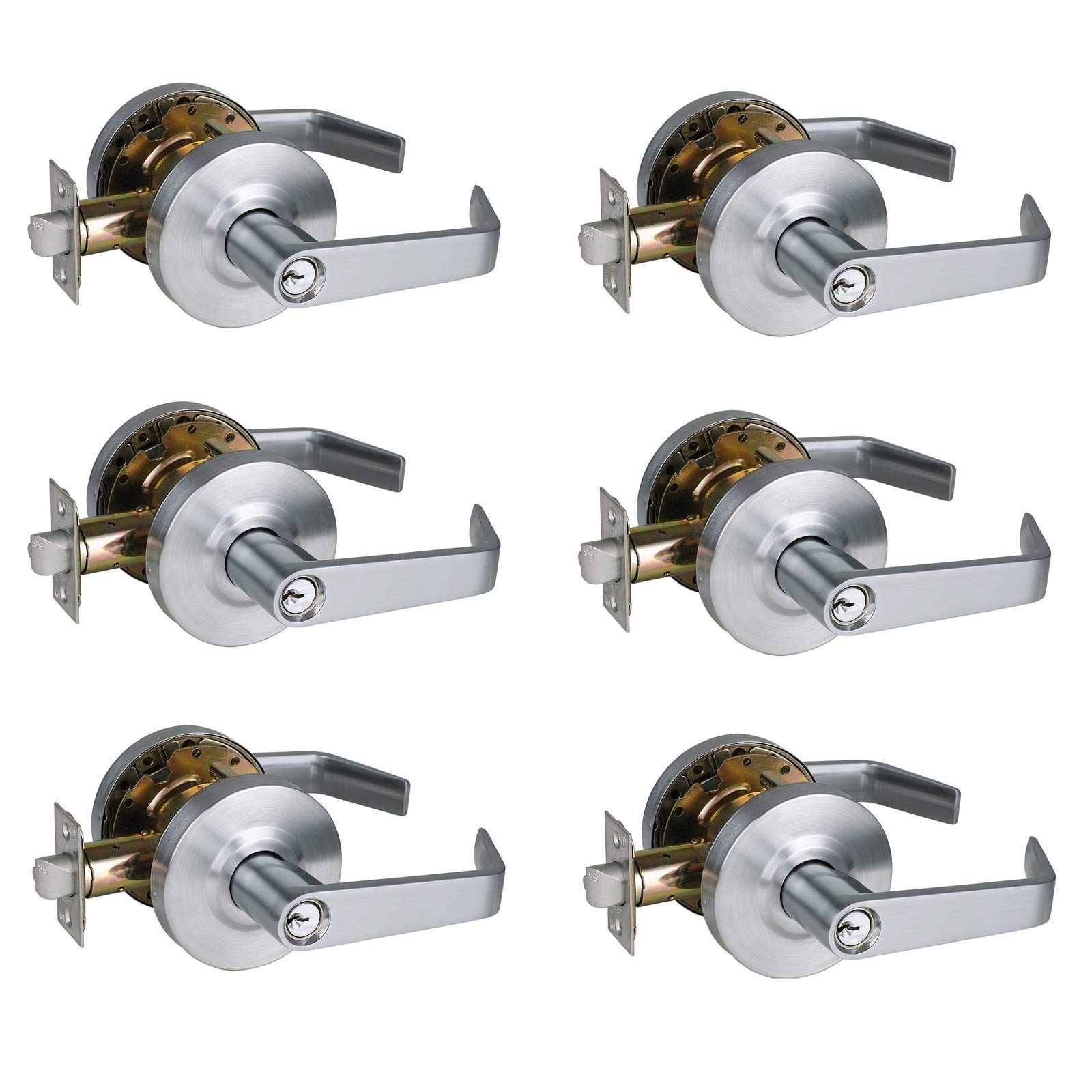 6PCS Heavy Duty Commercial & Residential Storage Room Lever Door Handles with Keys - Touch Safe Lock, Close & Lock Function, Satin Nickel Finish, XG Grade 2 Lock - Ideal for Offices, Warehouses, and Home Storage Rooms
