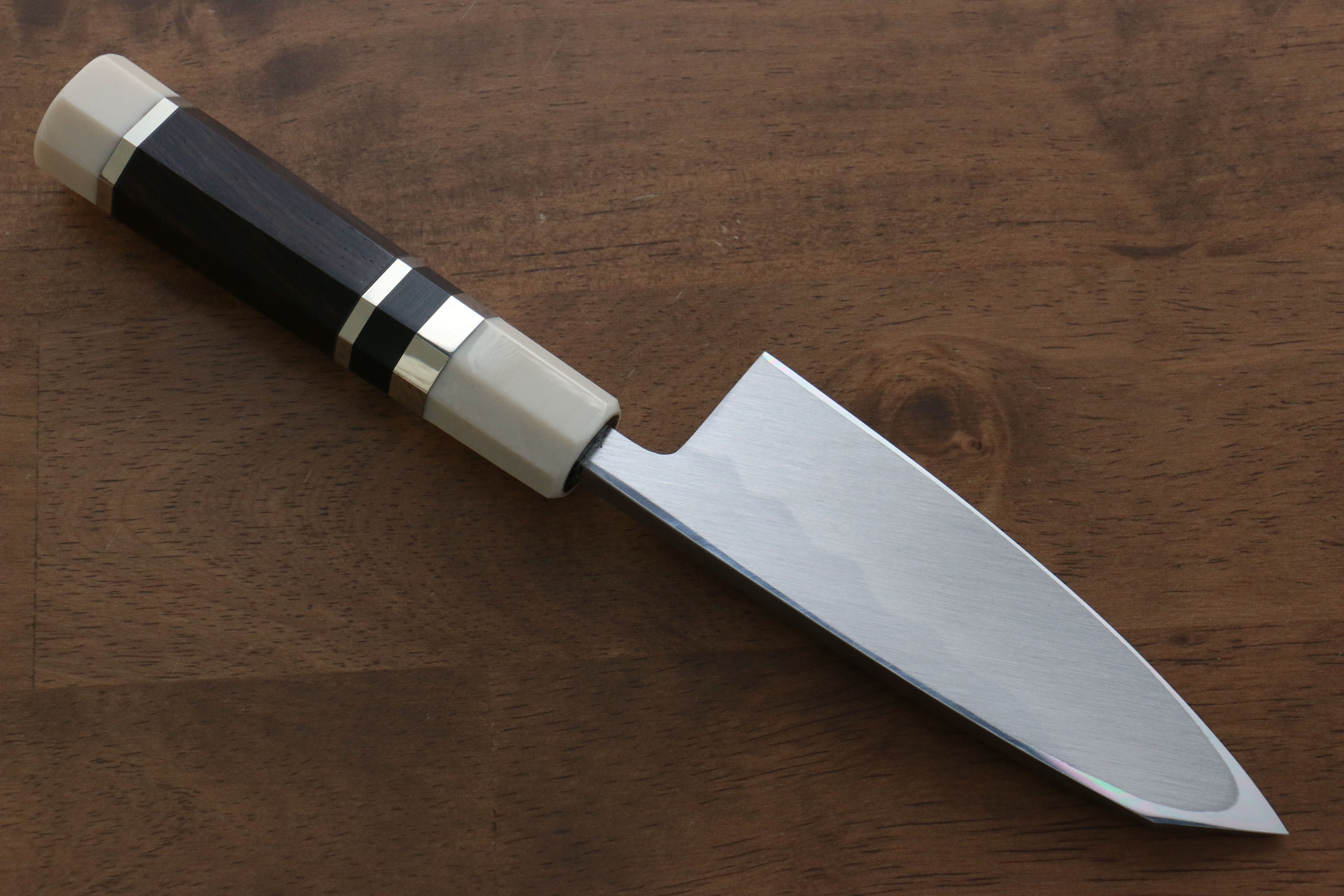 Jikko Shiko Blue Steel Kiritsuke Deba Knife 120mm - Ebony Wood Handle with Double Ring - Professional Japanese Kitchen Knife for Sushi, Fish & Meat Cutting