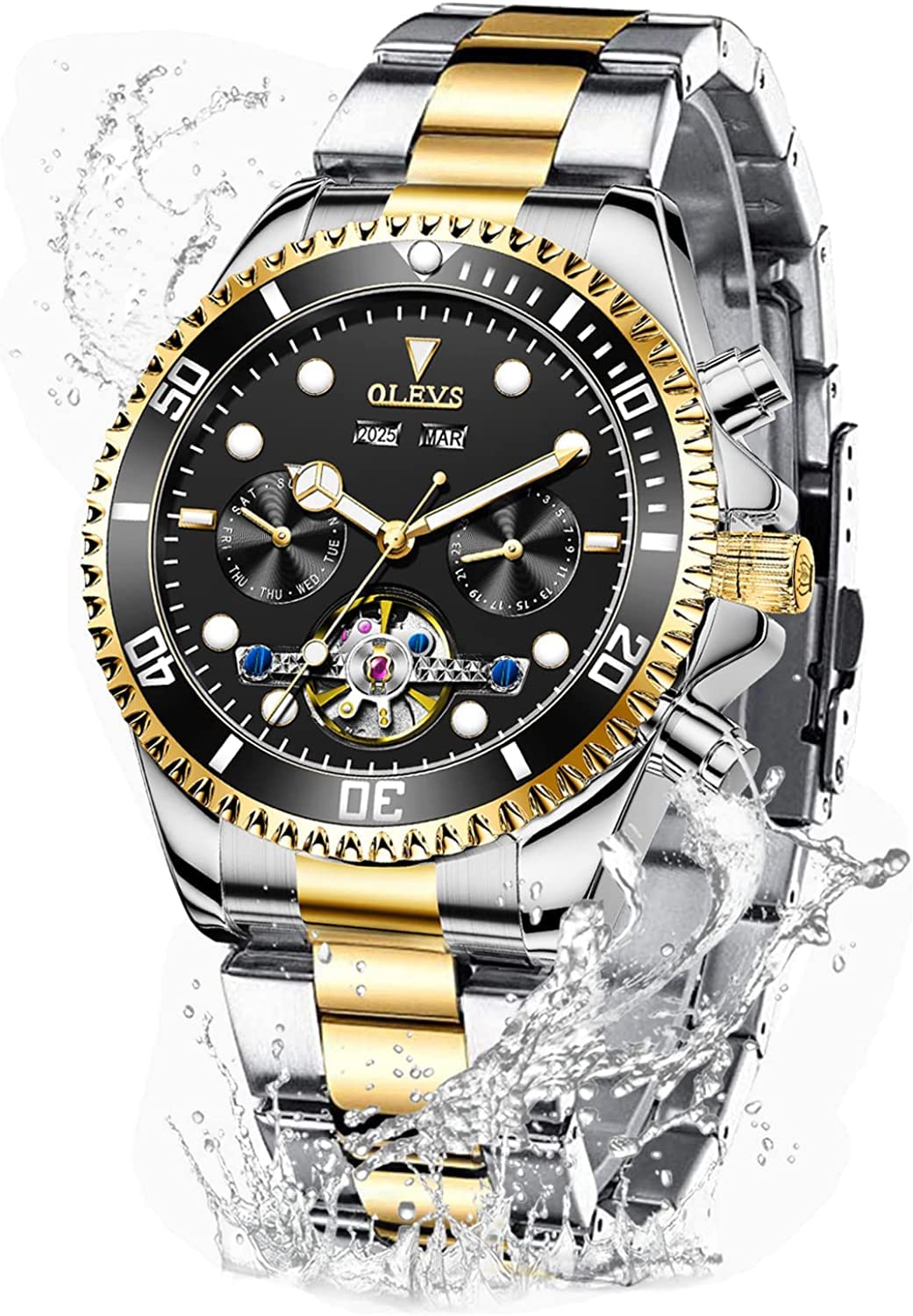 OLEVS Automatic Self-Winding Men's Watch - Classic Tourbillon Designer Stainless Steel Waterproof Luminous Wristwatch for Business, Casual & Formal Occasions