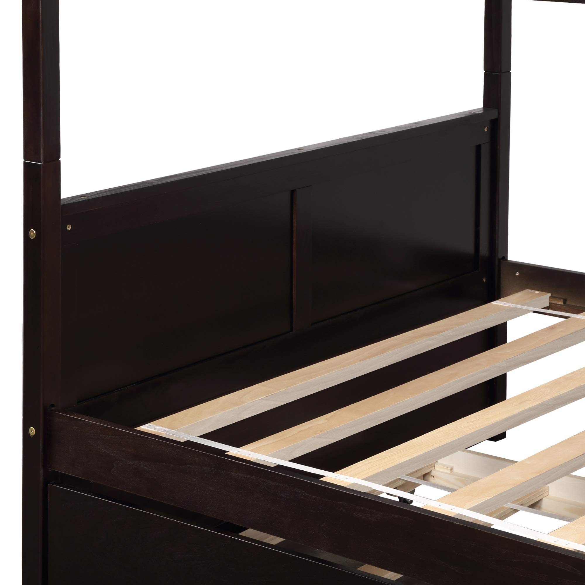 P PURLOVE Full Over Full Bunk Bed with Twin Trundle - Solid Wood Bunk Bed Frame with Safety Rail & Ladder - Space Saving Bunk Beds for Kids, Teens & Guest Rooms - No Box Spring Needed (Espresso Finish) - Perfect for Small Bedrooms, Dorms & Vacation Homes