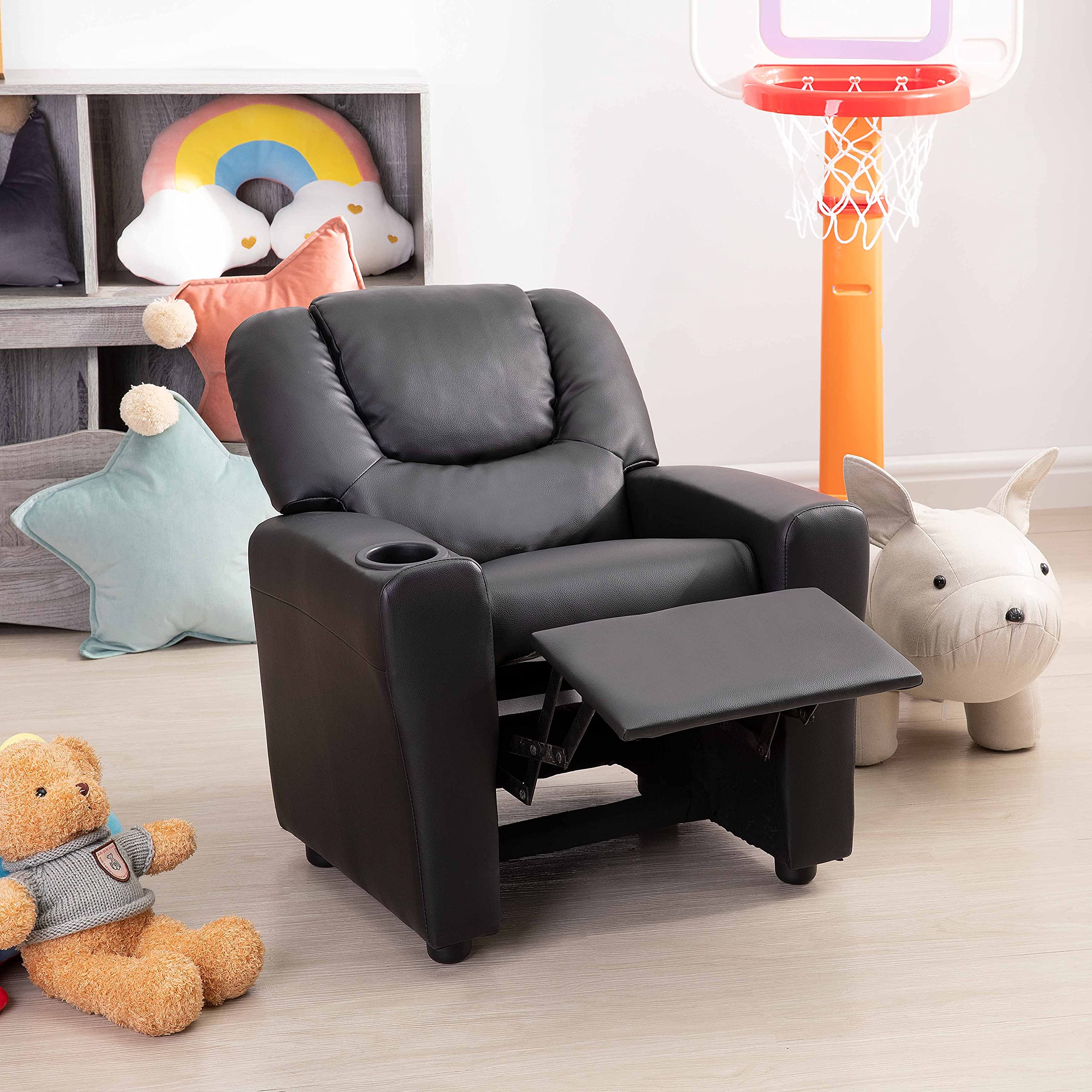 Naomi Home Suri Push Back Kids Recliner Chair with Footrest & Cup Holders - Toddler Recliner for Boys & Girls Age 3+ - PVC Upholstery - Perfect for Playroom, Bedroom or Family Room Relaxation