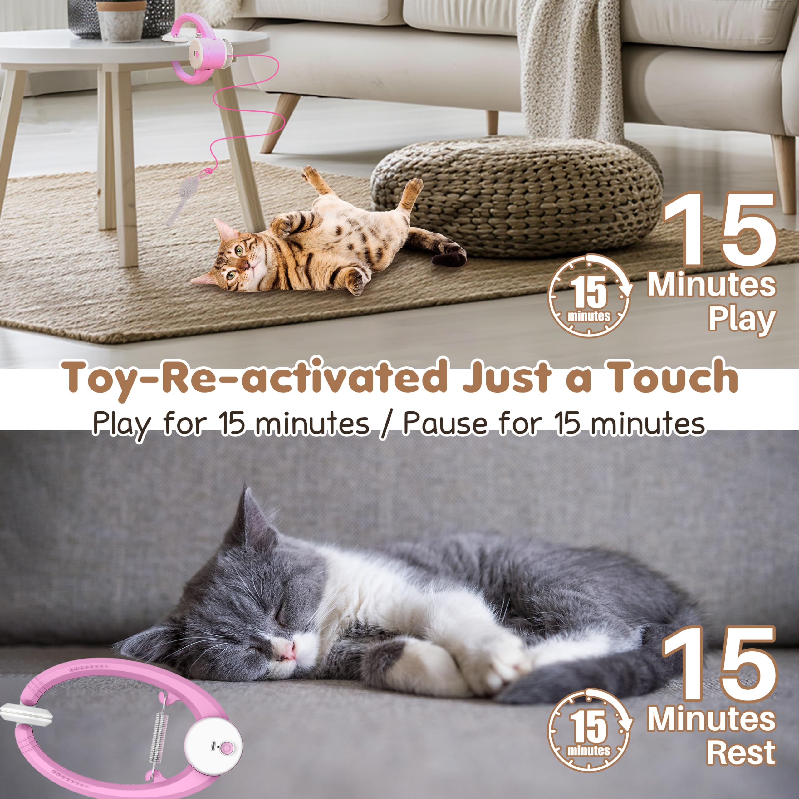 Interactive Cat Feather Toys for Indoor Cats - Retractable Teaser Toy with 3 Plush Mice for Play, Chase & Exercise - Automatic Mental Stimulation for Kittens (Pink) | Perfect for Playtime, Training & Bonding with Your Feline Friend