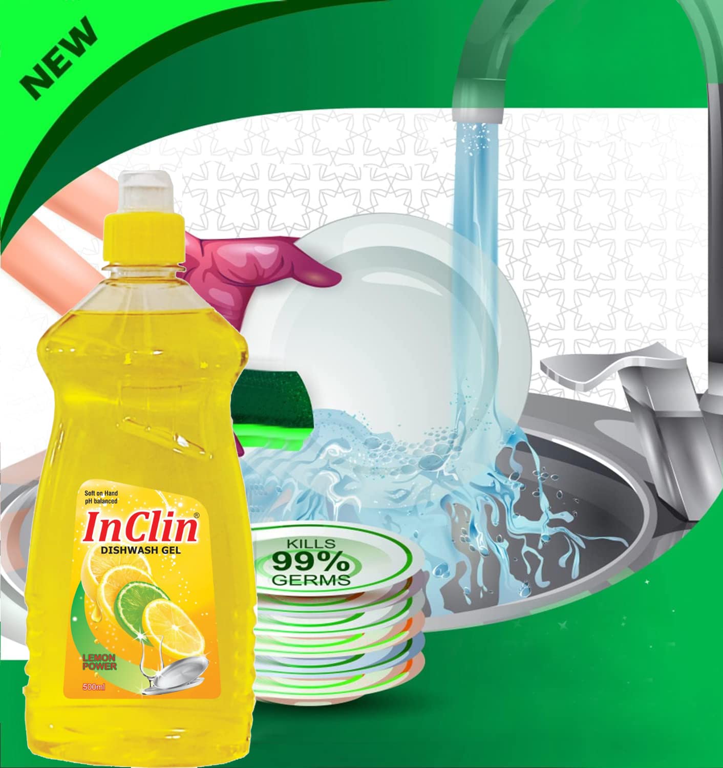 InClin Lemon Scented Liquid Dishwashing Gel - 1L Bottle | Powerful Degreaser for Kitchen, Dishes & Cookware | Eco-Friendly & Gentle on Hands