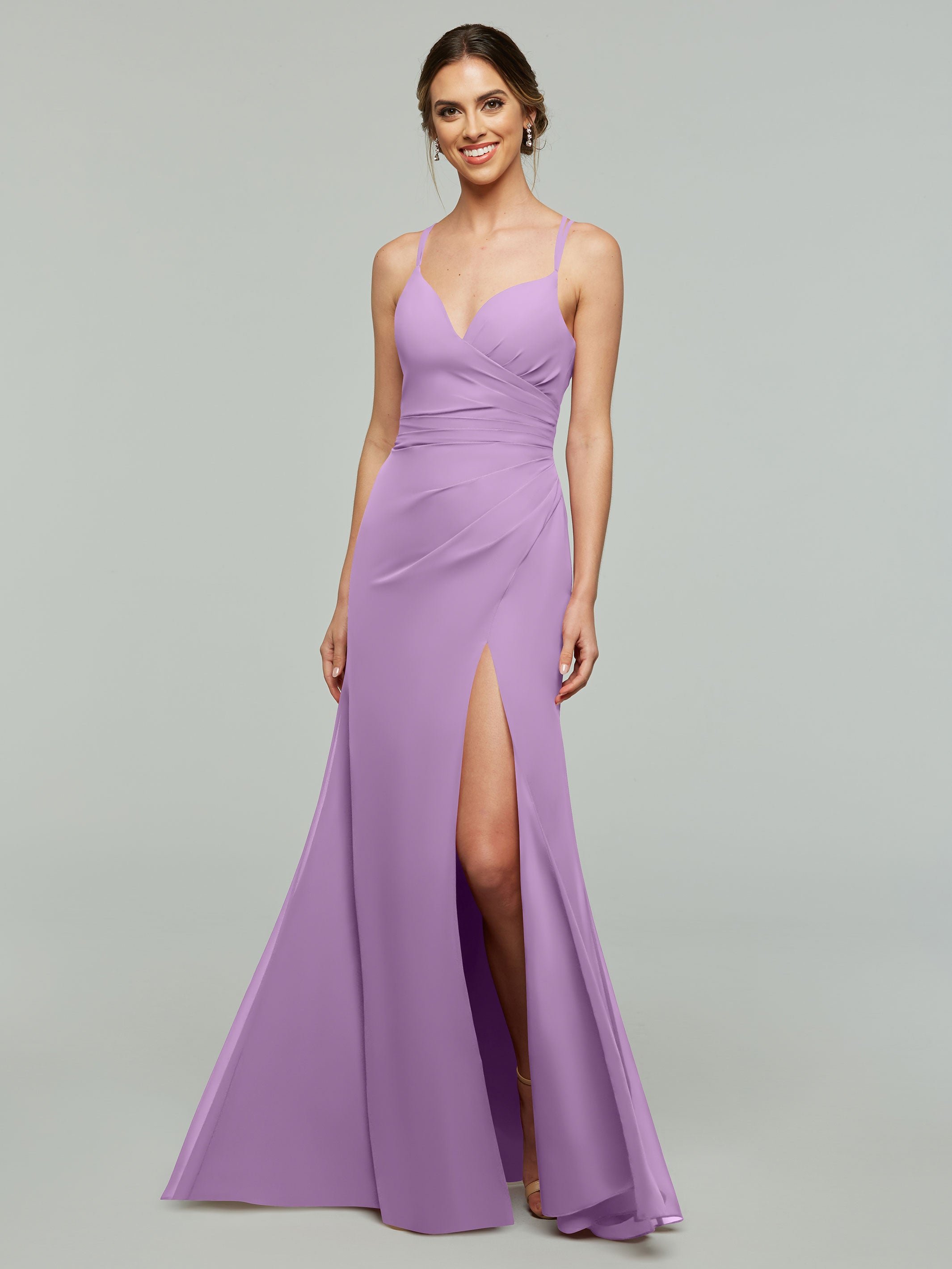 Elegant 80130 Chiffon Sheath Bridesmaid Dress with V-Neck & High Slit - Perfect for Weddings, Formal Events & Evening Parties