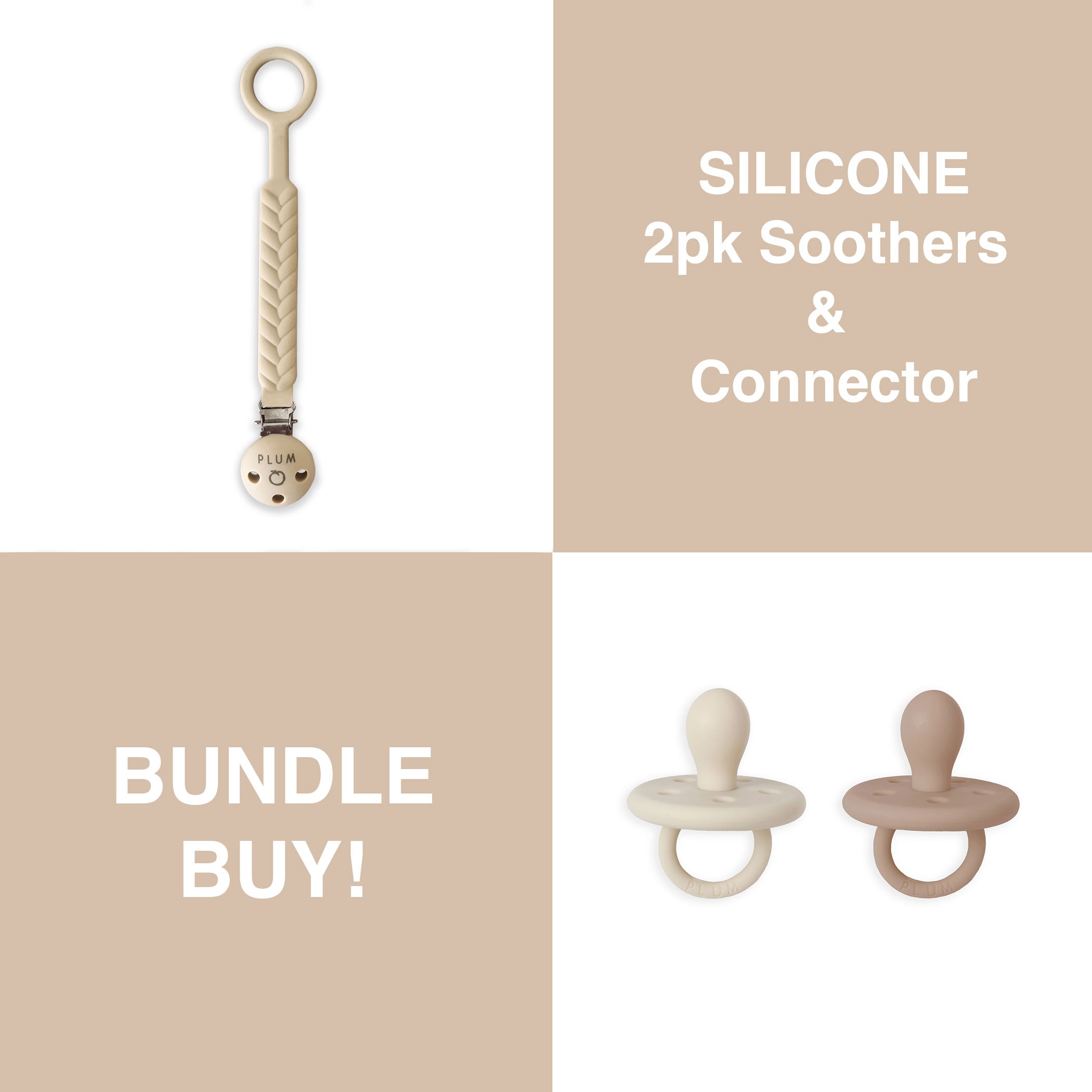 PLUM Silicone Pacifiers & Connector Set for Babies 0-6 Months - Soft, BPA-Free Teething Relief - Perfect for Soothing, Travel & Nursery Use