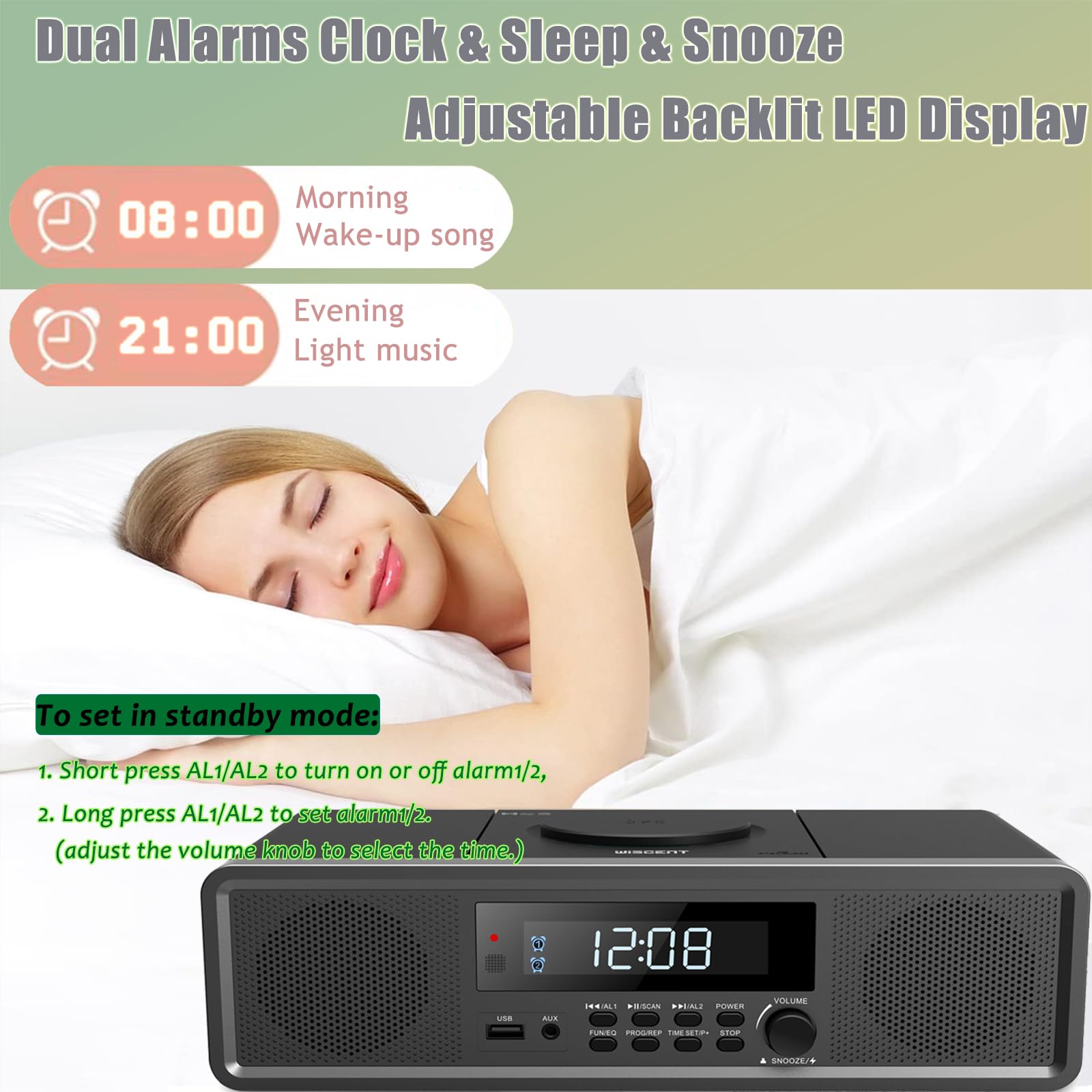 Bluetooth CD Player Stereo System with FM Radio, Aux Input, USB Port, Digital Clock & Alarm - Perfect for Home, Office, and Bedroom Use (Black)