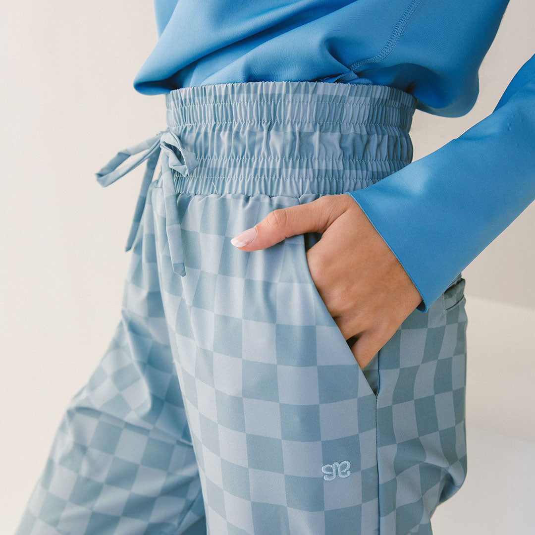 Audrey Wide Leg Pants - Blue Checker Print High Waist Palazzo Trousers for Women | Office Wear, Casual Outfits & Summer Fashion