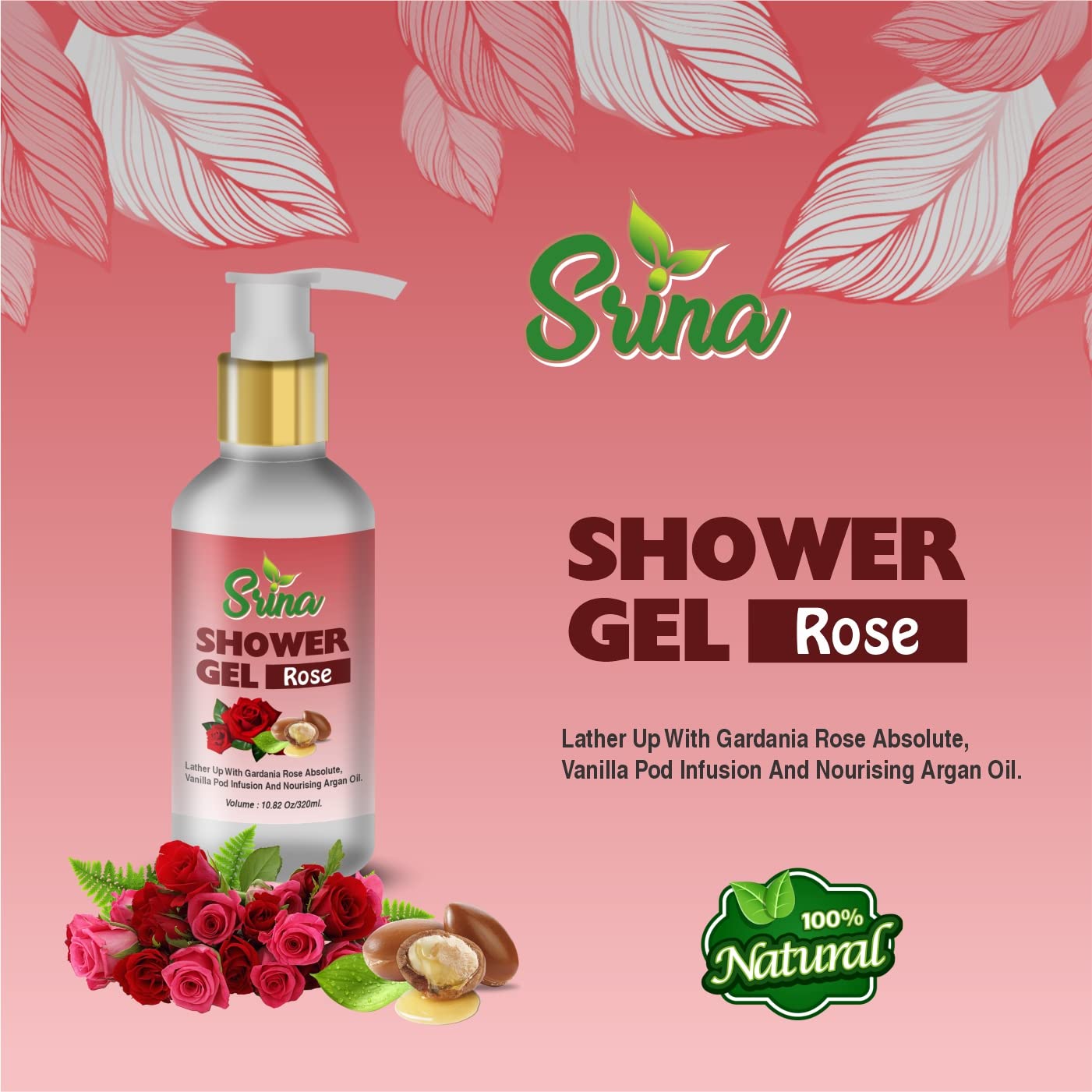 Srina Rose Scented Shower Gel with Glycerin - Hydrating Body Wash for Soft & Glowing Skin | Floral Bath Essential for Relaxation & Self-Care Routine