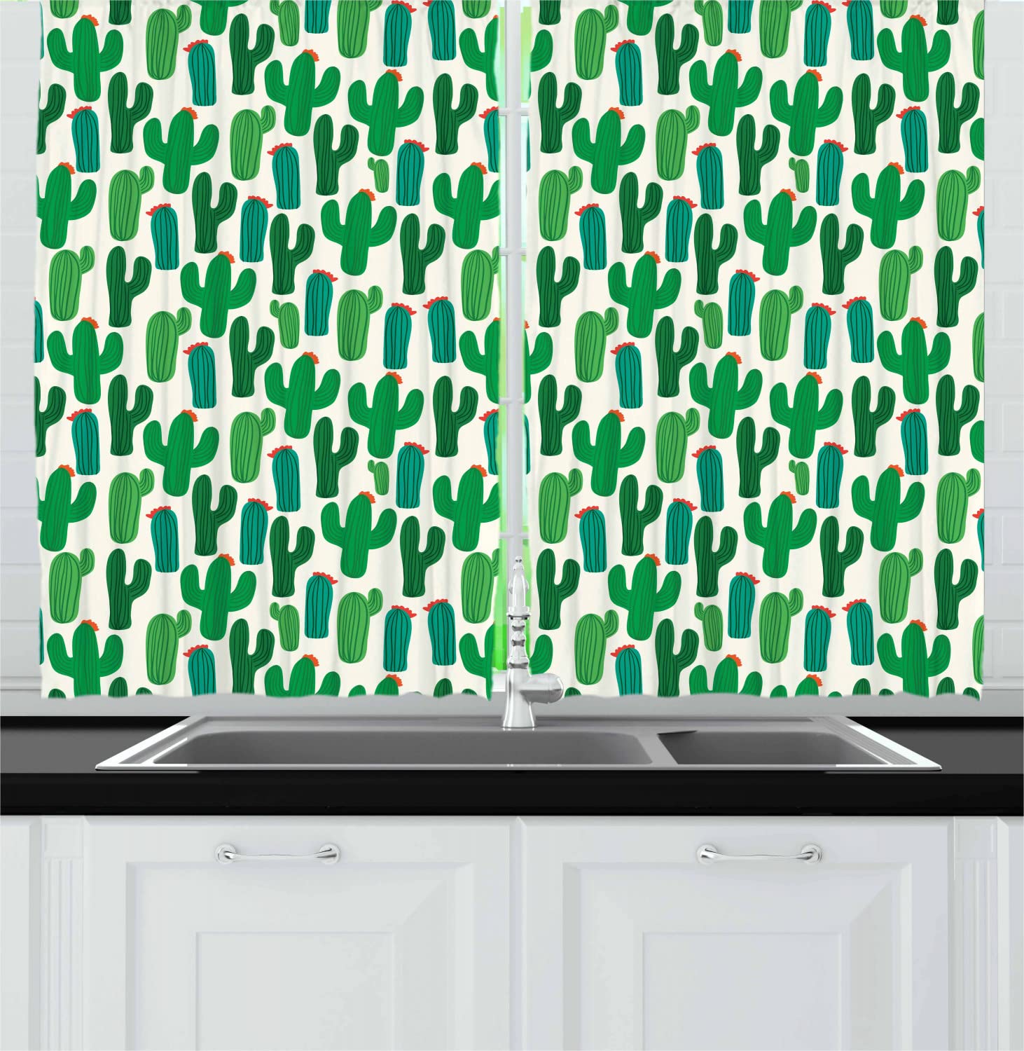 Ambesonne Exotic Long Kitchen Curtains - Colorful Desert Cactus Print Drapes with Rod Pocket, 55