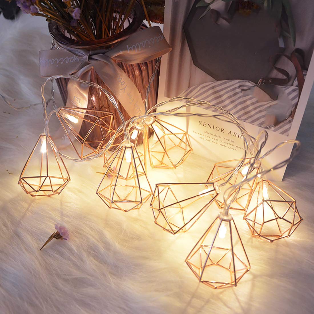 Rose Gold Metal String Lights - 10ft 20 LED Battery Powered Geometric Fairy Lights for Indoor Decor | Perfect for Christmas, Wedding, Party & Home Decoration (Polyhedral Design) - Create Cozy Ambiance in Bedroom, Patio or Special Events