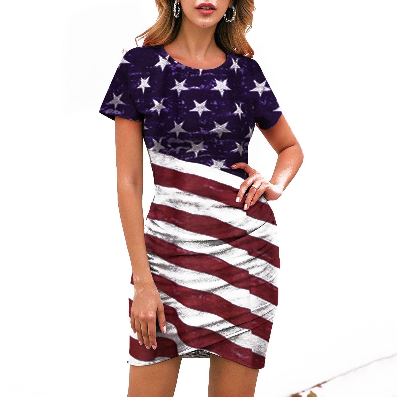**Women's Sexy Round Neck Star Print Midi Dress - Striped Ruffled Sleeveless Sling Dress for 4th of July Party, Date Night & Summer Outfits**