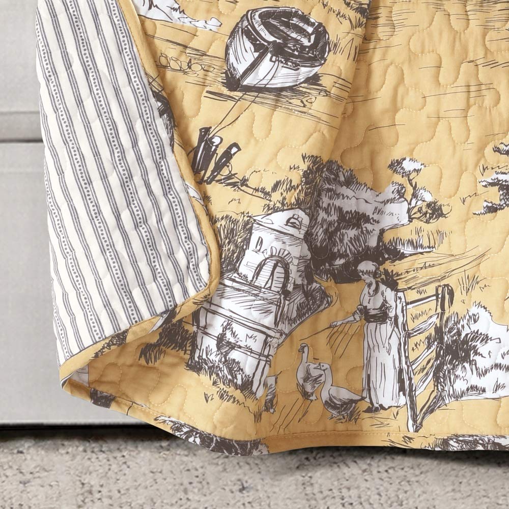 French Country Toile Cotton Reversible Throw Blanket - Yellow & Gray 60x50