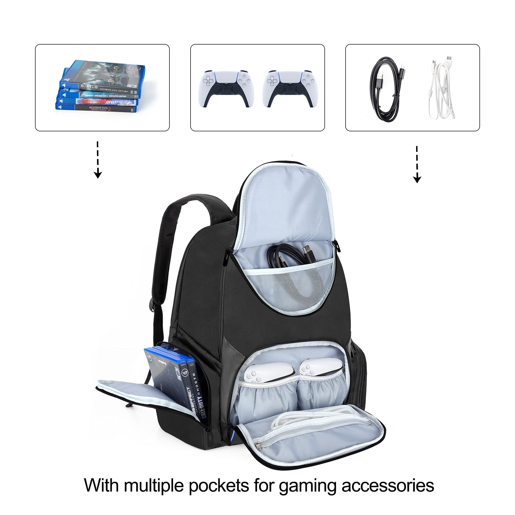 CURMIO Travel Backpack Compatible with Xbox Series S, Xbox One, Xbox 360, PS5, PS4 & PS4 Pro - Gaming Console Carrying Case for Controllers & Accessories (Bag Only) - Blue - Perfect for Travel, Gaming Events & Outdoor Adventures