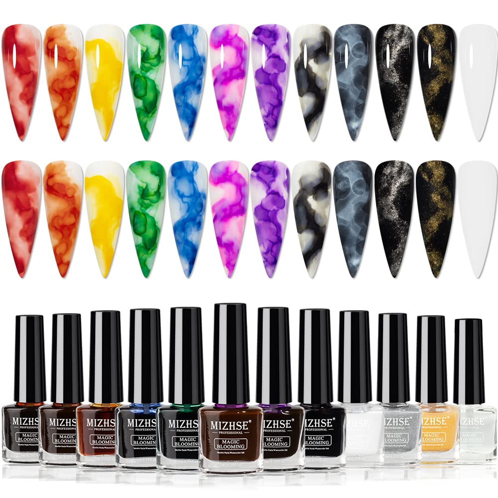 12PCS Marble Nail Polish Set - Blooming Gel Marble Ink for Nails in Gold, Blue & Purple | Watercolor Magic Blossom Gel Polish for Nail Salon & Home DIY | Perfect for Manicures, Nail Art & Creative Designs