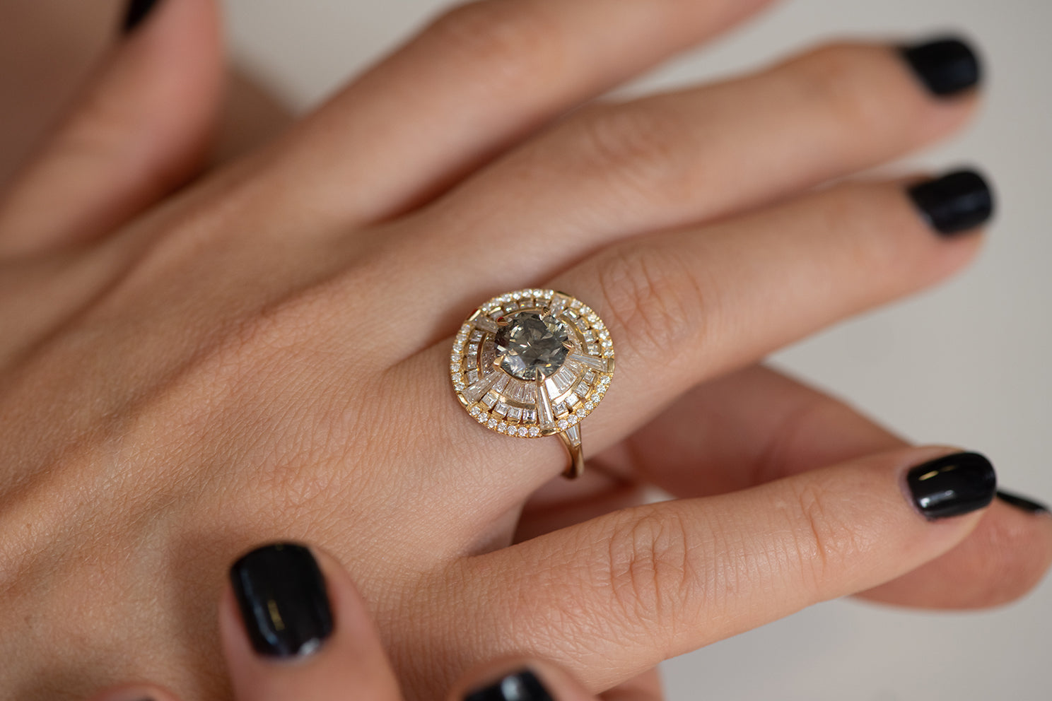 Elegant Grey Diamond Temple Ring with Long Tapered Baguette Stones | Dainty Stackable Jewelry for Women | Perfect for Weddings, Anniversaries & Special Occasions
