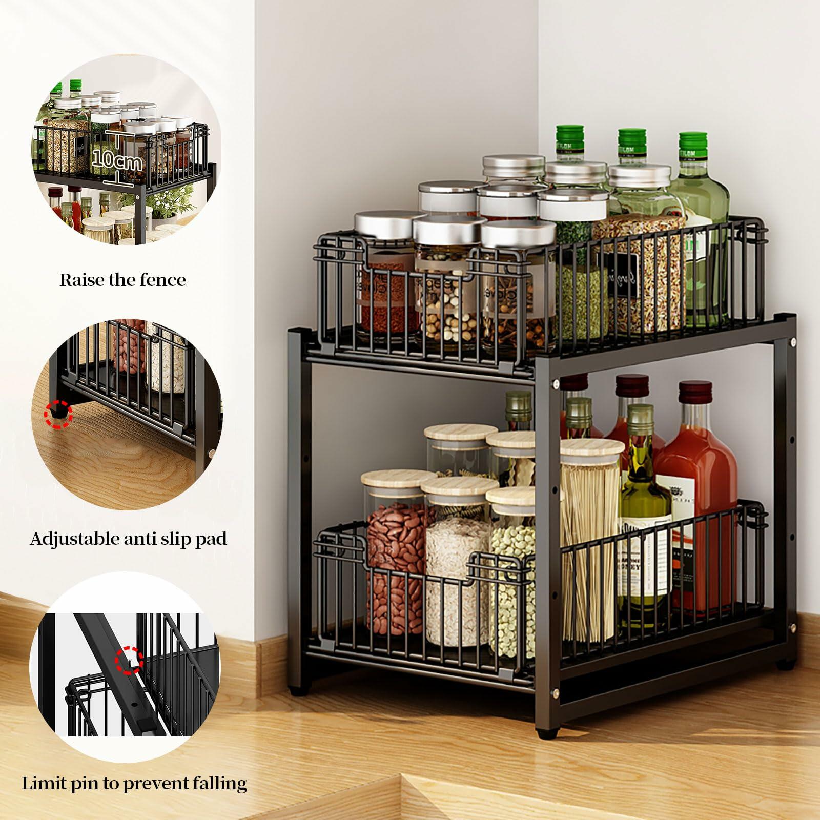 2-Tier Under Sink Pull Out Cabinet Organizer - Durable Metal Storage Shelf for Kitchen & Bathroom - Space Saving Drawer Organizer for Cleaning Supplies, Sponges & Soaps (1 Pack)
