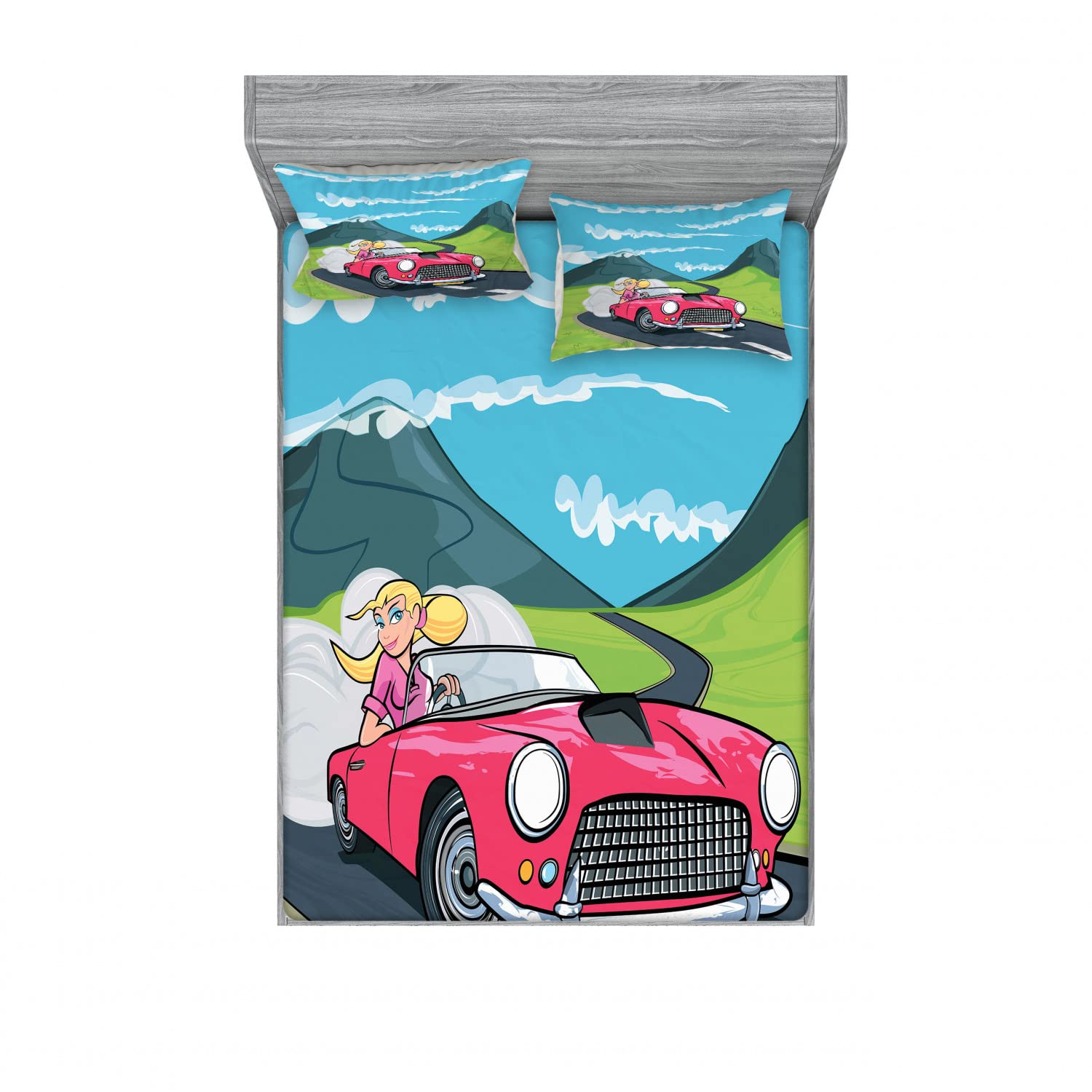 Ambesonne 2-Pack King Size Fitted Sheets & 4 Pillow Shams Set - Modern Car Themed Bedding Collection for Auto Enthusiasts - Vibrant Multicolor Travel-Inspired Bedroom Decor - Perfect for Kids' Rooms, Guest Bedrooms, and Themed Vacation Homes
