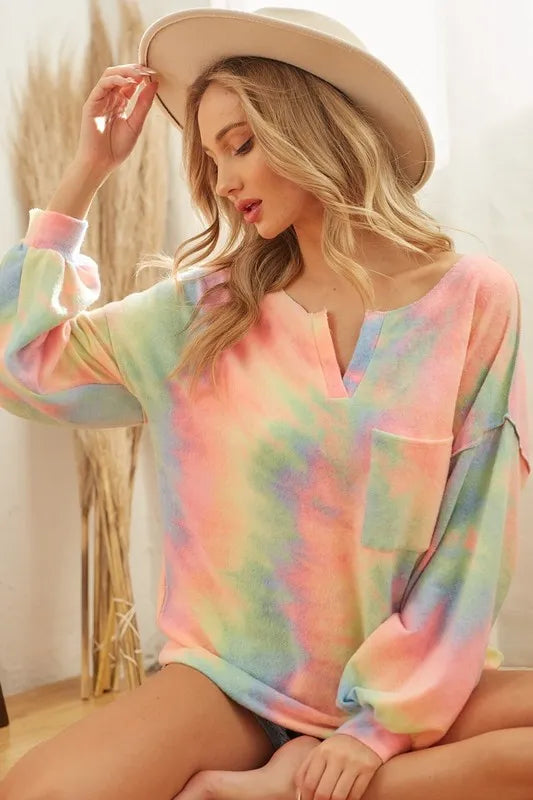 BiBi Brushed Tie Dye French Terry Top with Bubble Sleeves | Women's Casual Loose Fit T-Shirt | Perfect for Yoga, Lounge & Streetwear Fashion