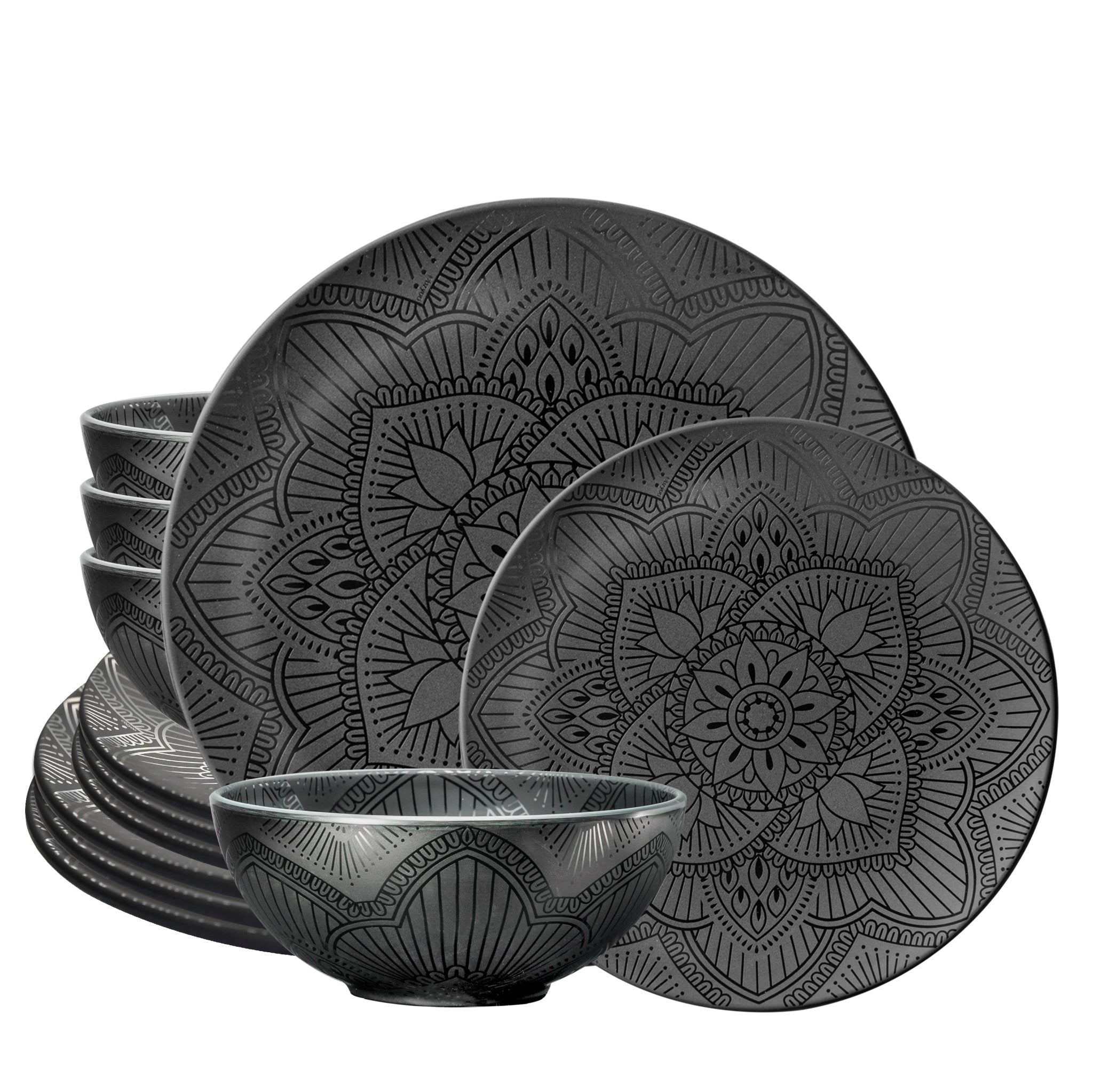 12-Piece La La Mandala Melamine Dinner Plate & Bowl Set - Black - Durable & Stylish for Outdoor Picnics, Camping, and Party Dining