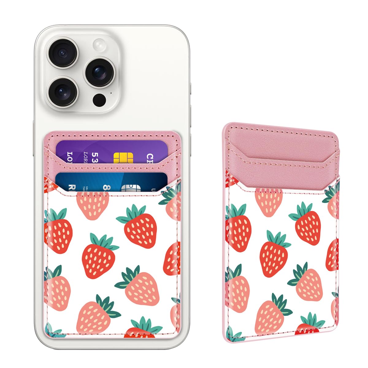 Self Adhesive Phone Card Holder - Leather RFID Blocking Wallet Pocket for iPhone & Samsung - Stick On Credit Card Sleeve for Phone Case (Strawberry Design) - Perfect for Contactless Payments & On-the-Go Convenience