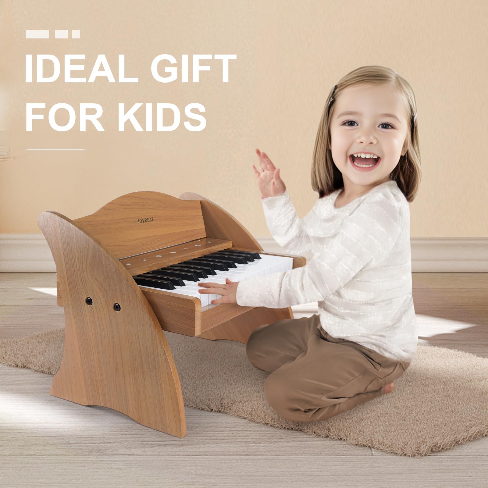 Joyreal 25-Key Digital Piano Keyboard for Kids - Touch Sensitive Keys with Educational Stickers, Wooden Mini Piano Toy for Boys & Girls Ages 3+ | Perfect for Early Music Education, Birthday Gifts & Home Play