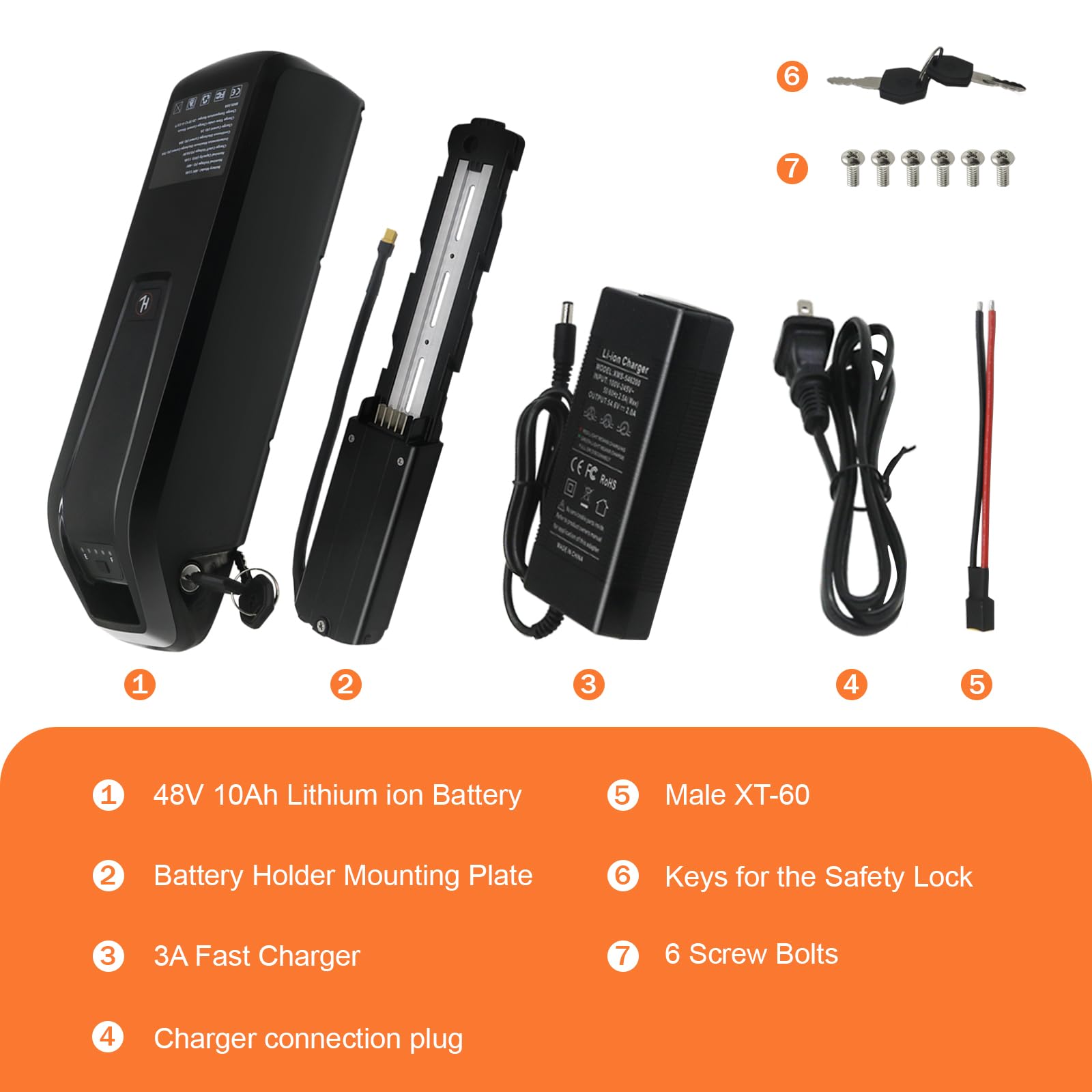 48V 10Ah Lithium Ebike Battery with 2A Fast Charger - 30A BMS, USB Output, Safe Lock & LED Indicator - Compatible with 0-1400W Electric Bikes - Perfect for Commuting, Mountain Biking & Urban Riding (Includes Charger)